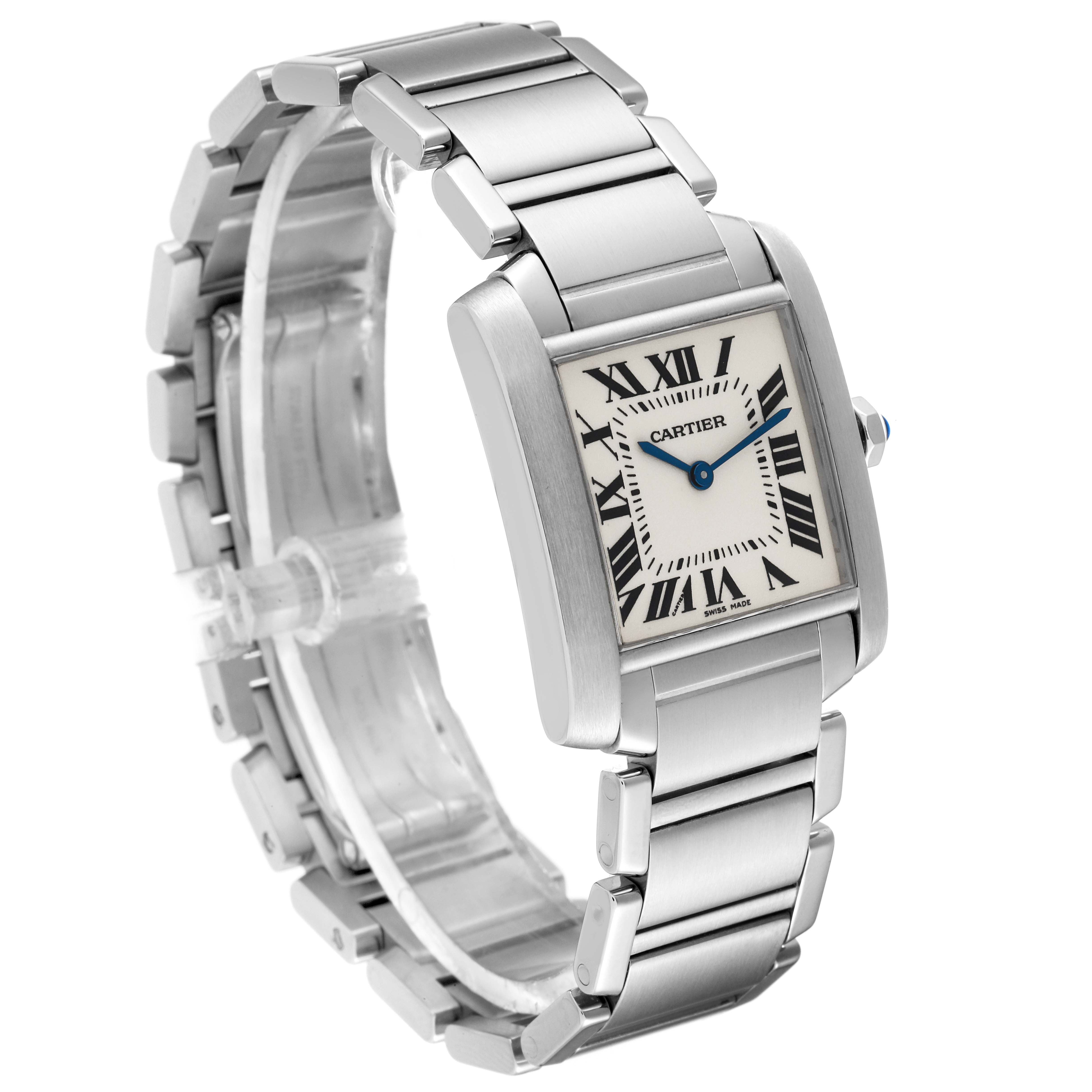 This image shows a Cartier Tank Francaise WSTA0005 Women's Stainless Steel Silver Dial WSTA0005 Women's Stainless Steel Silver Dial watch from a front angle, highlighting its face and stainless steel bracelet.