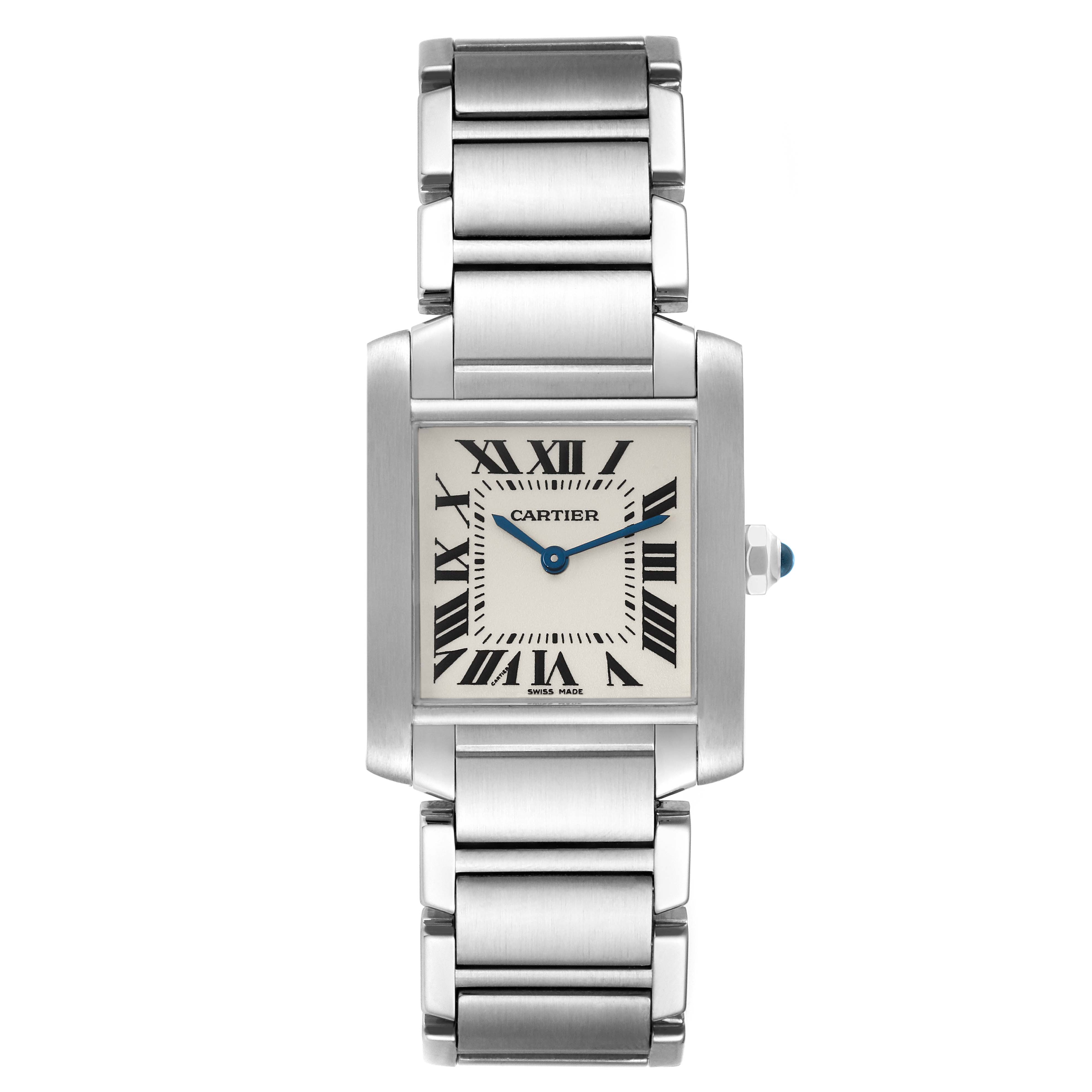 This image shows a front view of the Cartier Tank Francaise WSTA0005 Women's Stainless Steel Silver Dial WSTA0005 Women's Stainless Steel Silver Dial watch, including its bracelet, dial, and crown.