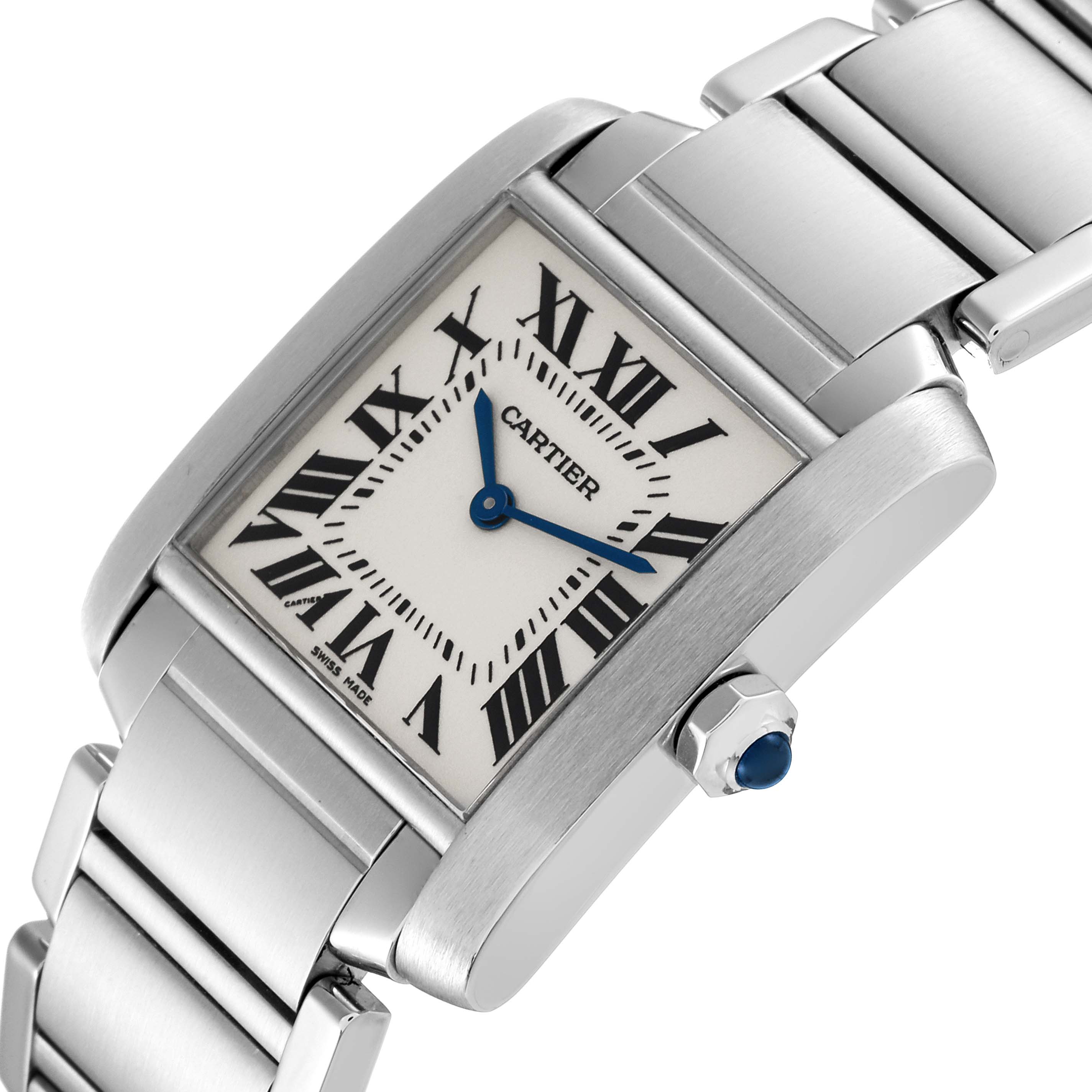 The image shows a close-up angled view of a Cartier Tank Francaise WSTA0005 Women's Stainless Steel Silver Dial WSTA0005 Women's Stainless Steel Silver Dial watch, highlighting its face, Roman numerals, blue hands, and metal bracelet.