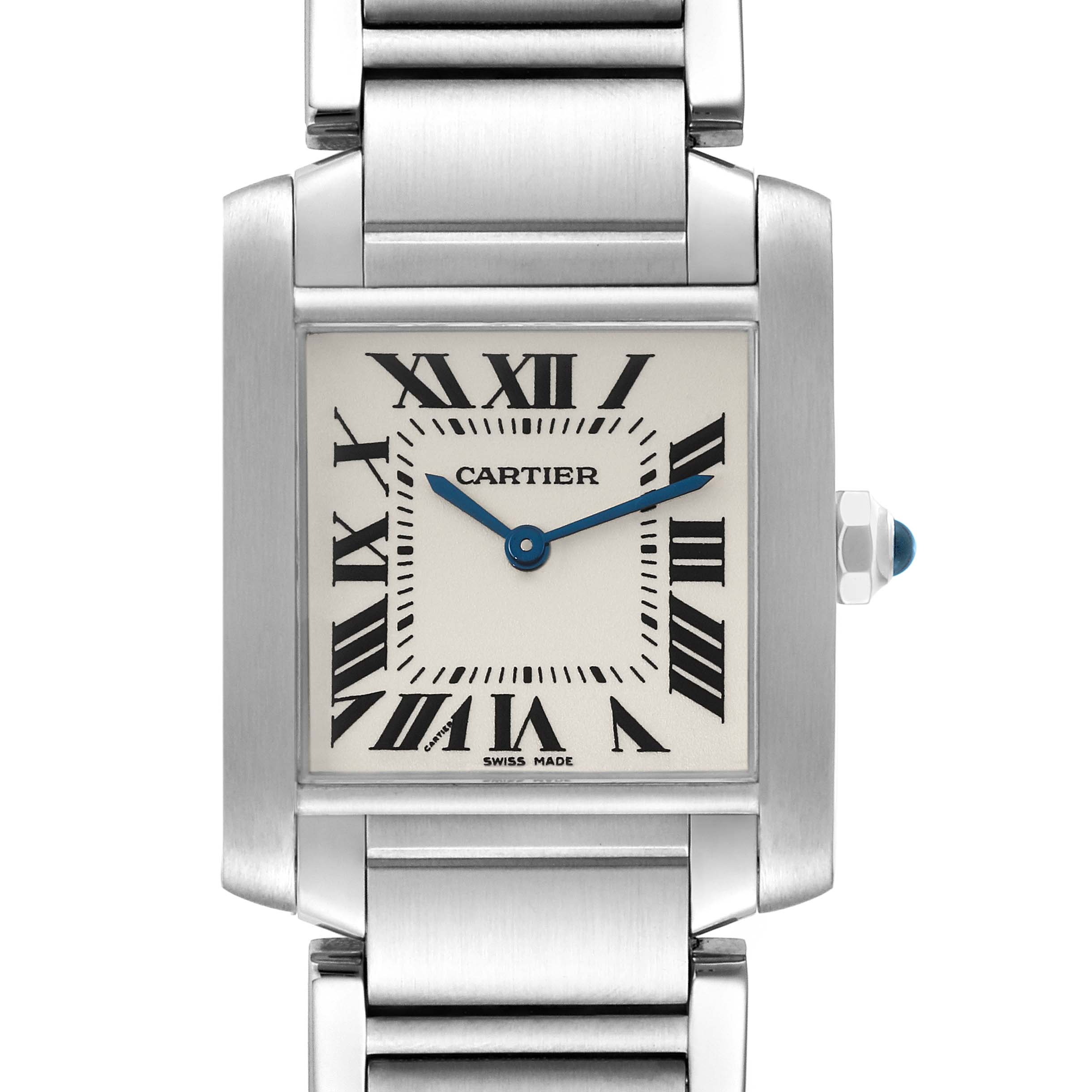 The image shows a frontal view of the Cartier Tank Francaise WSTA0005 Women's Stainless Steel Silver Dial WSTA0005 Women's Stainless Steel Silver Dial watch, featuring its dial, case, crown, and part of its bracelet.