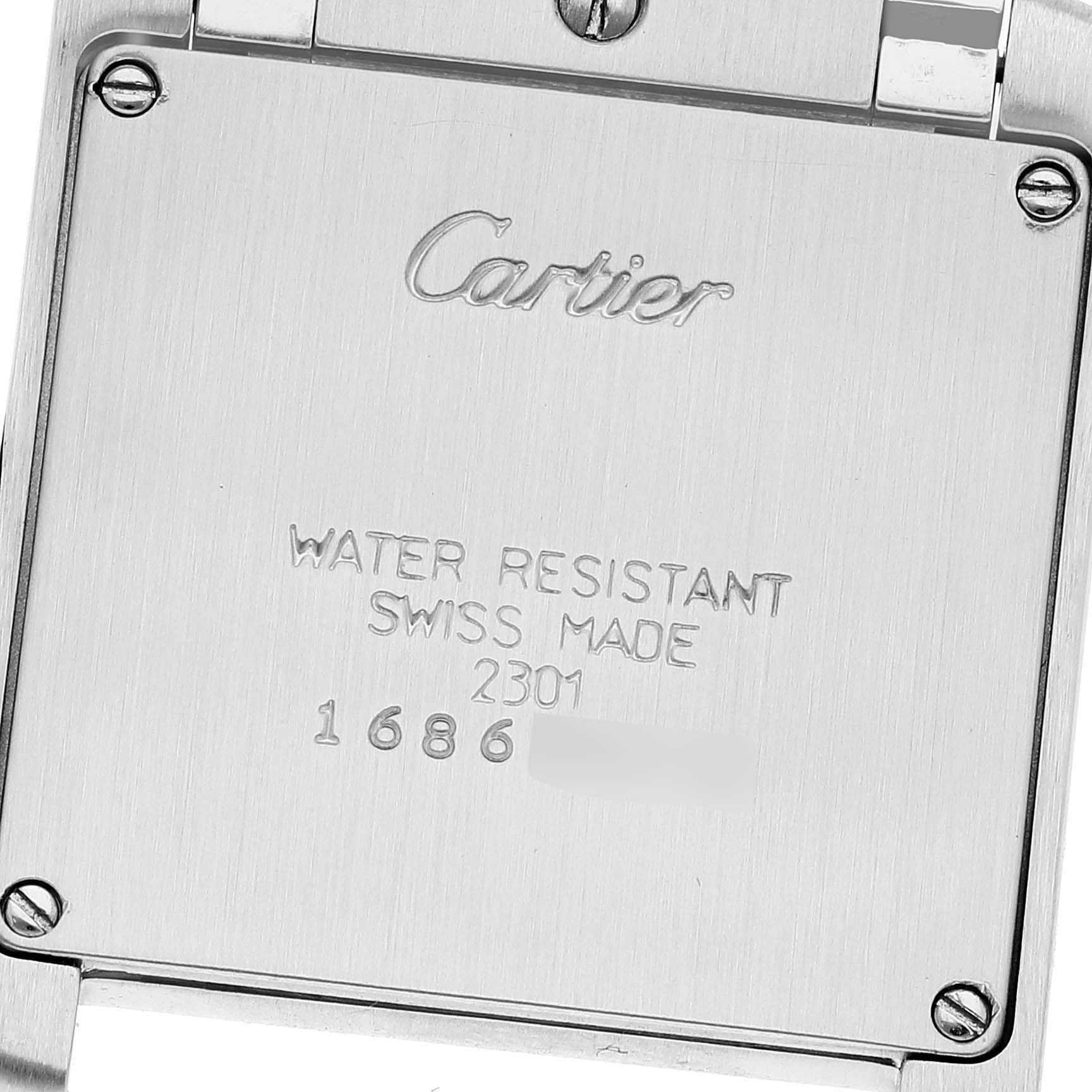 The image shows the back case of a Cartier Tank Francaise WSTA0005 Women's Stainless Steel Silver Dial WSTA0005 Women's Stainless Steel Silver Dial watch, highlighting the brand name and specifications.