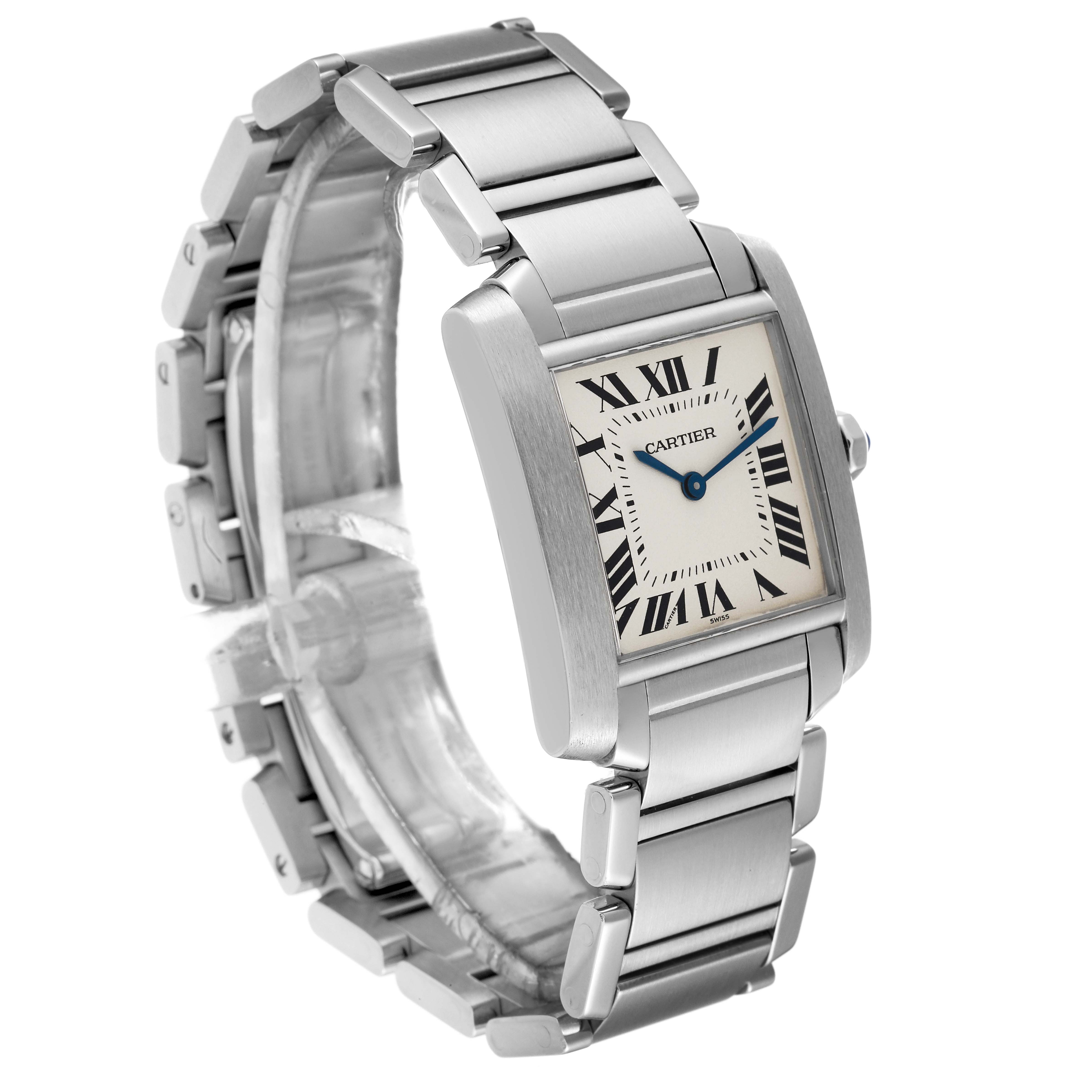 The Cartier Tank Francaise WSTA0005 Women
s Stainless Steel Silver Dial WSTA0005 Women
s Stainless Steel Silver Dial watch is shown at a three-quarters angle, displaying its rectangular face, Roman numerals, and metal bracelet.