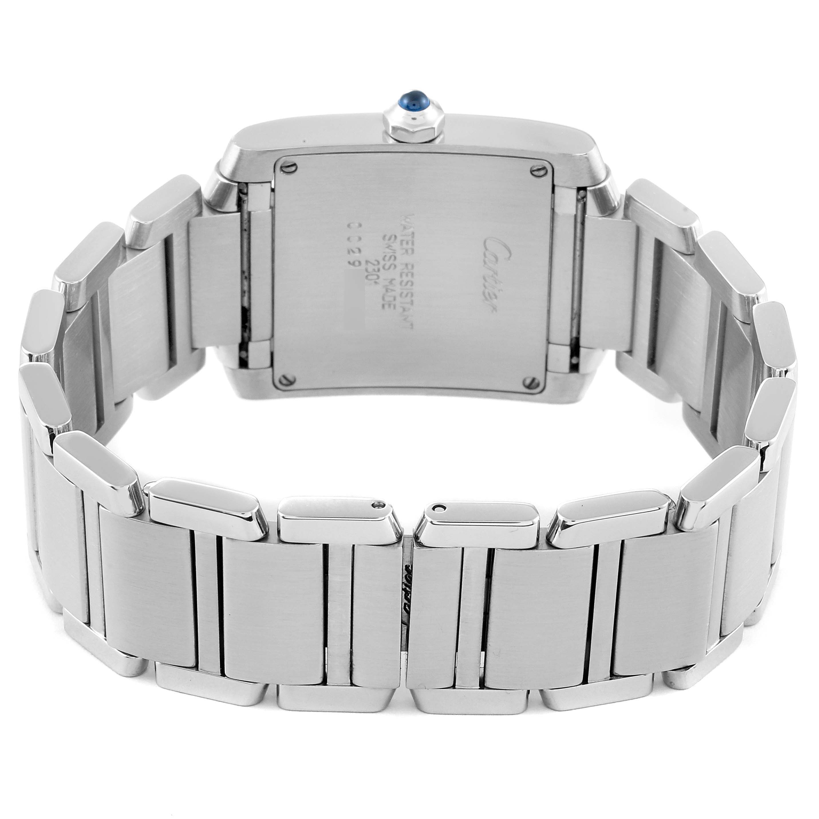 This image shows the back view of a Cartier Tank Francaise WSTA0005 Women
s Stainless Steel Silver Dial WSTA0005 Women
s Stainless Steel Silver Dial watch, highlighting its metal bracelet and case.