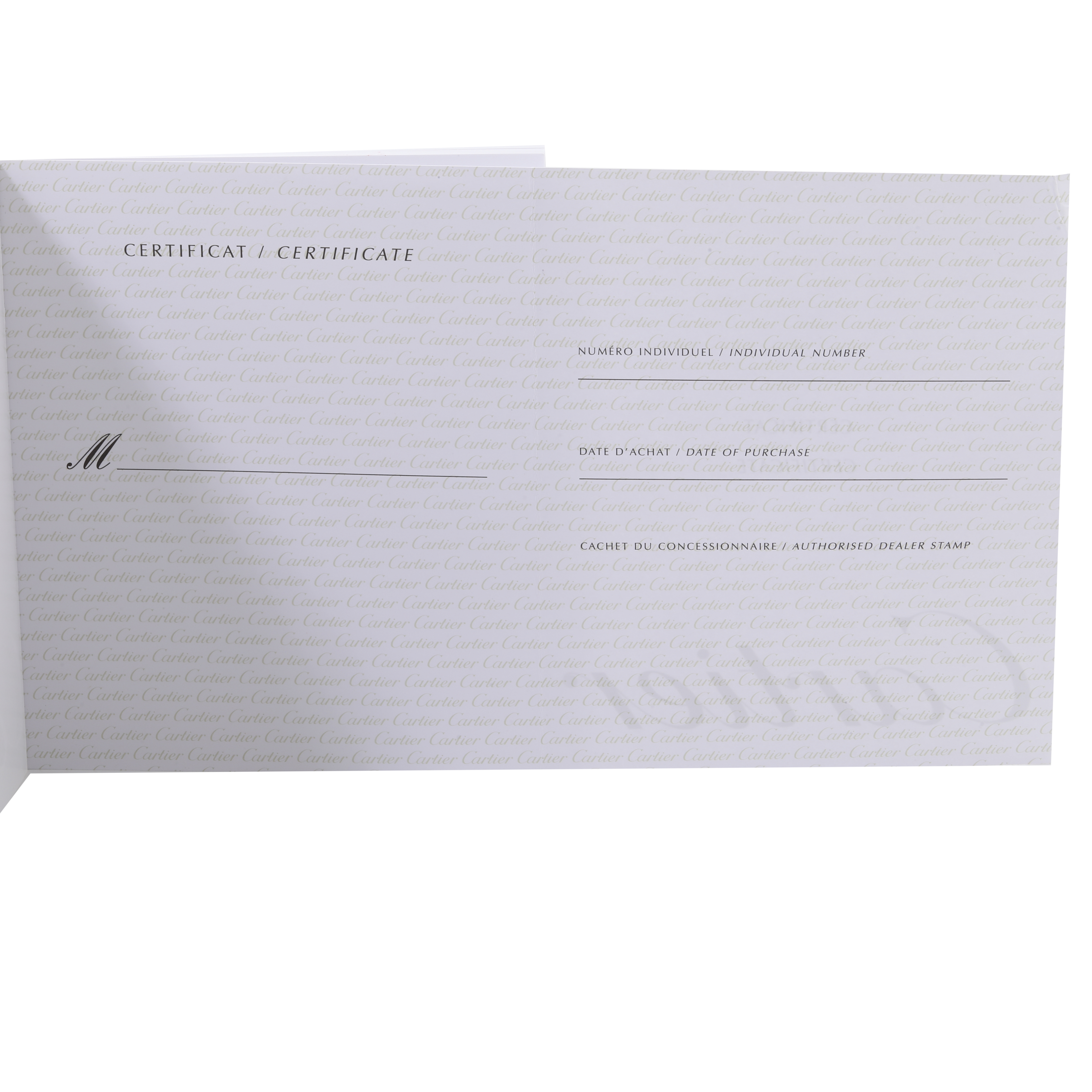 The image shows the open certificate booklet for the Cartier Tank Francaise WSTA0005 Women
s Stainless Steel Silver Dial WSTA0005 Women
s Stainless Steel Silver Dial watch.