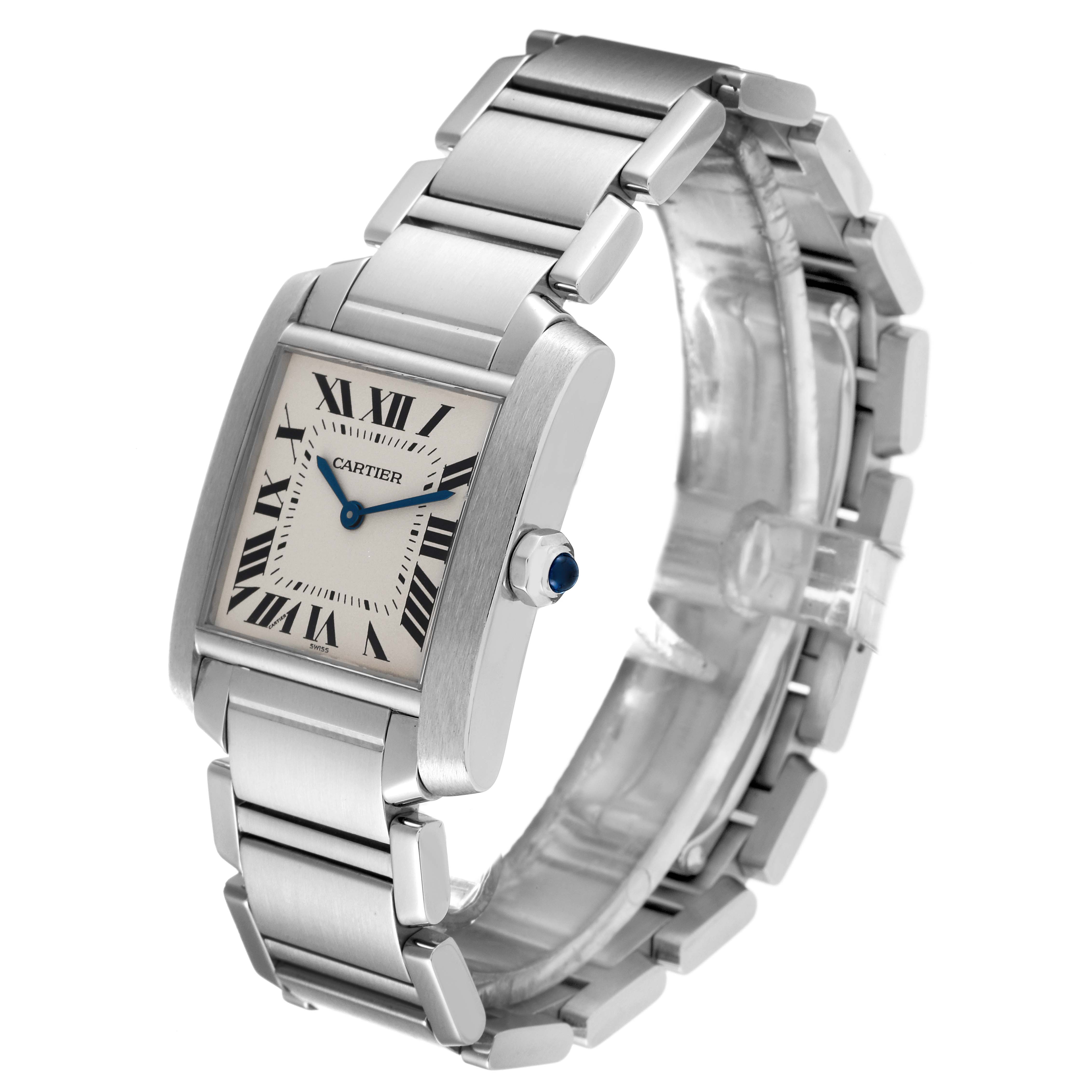 The image shows a side view of a Cartier Tank Francaise WSTA0005 Women
s Stainless Steel Silver Dial WSTA0005 Women
s Stainless Steel Silver Dial watch, highlighting the face, bracelet, and crown.