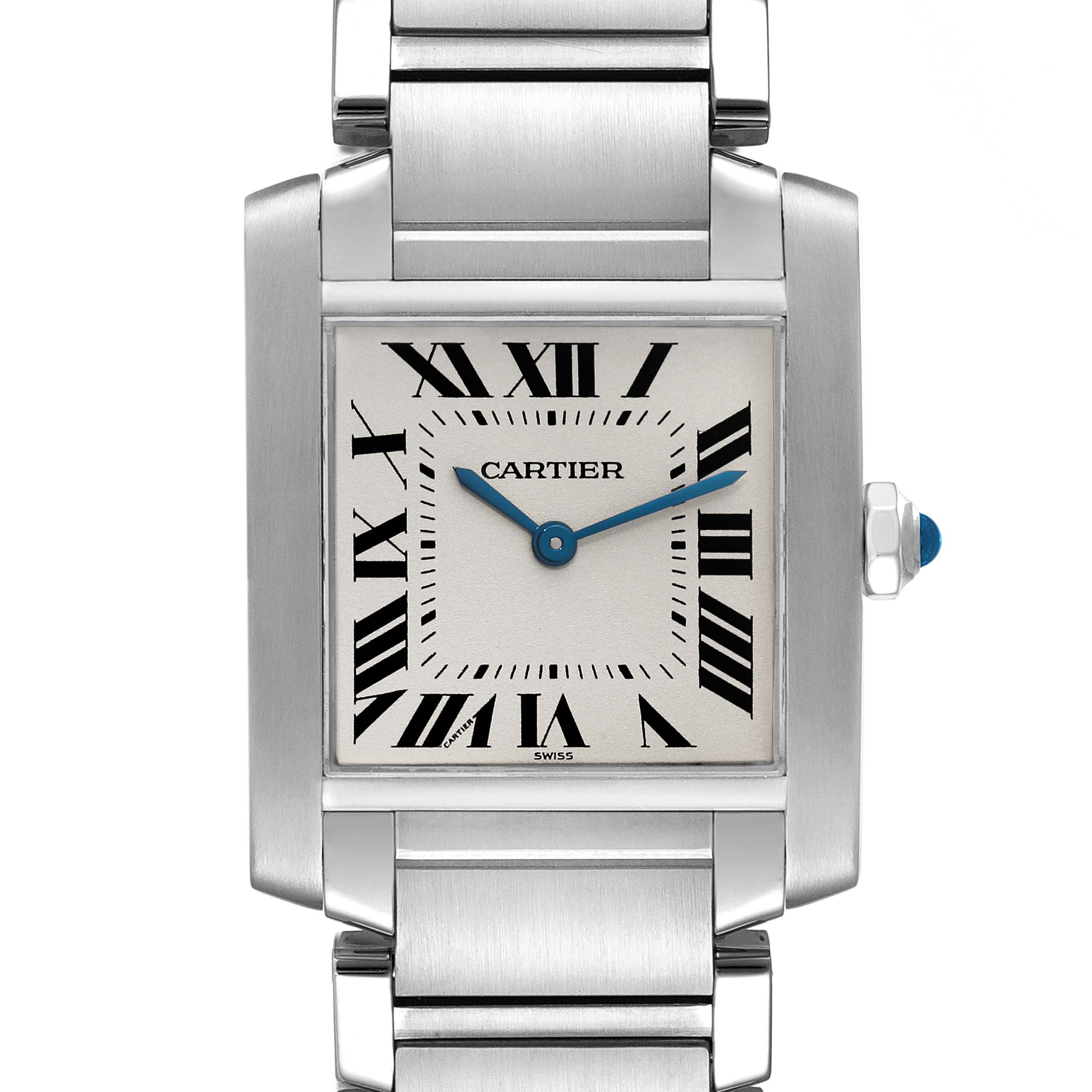 The image shows a frontal view of the Cartier Tank Française watch, displaying its face, bezel, and part of the metal bracelet.