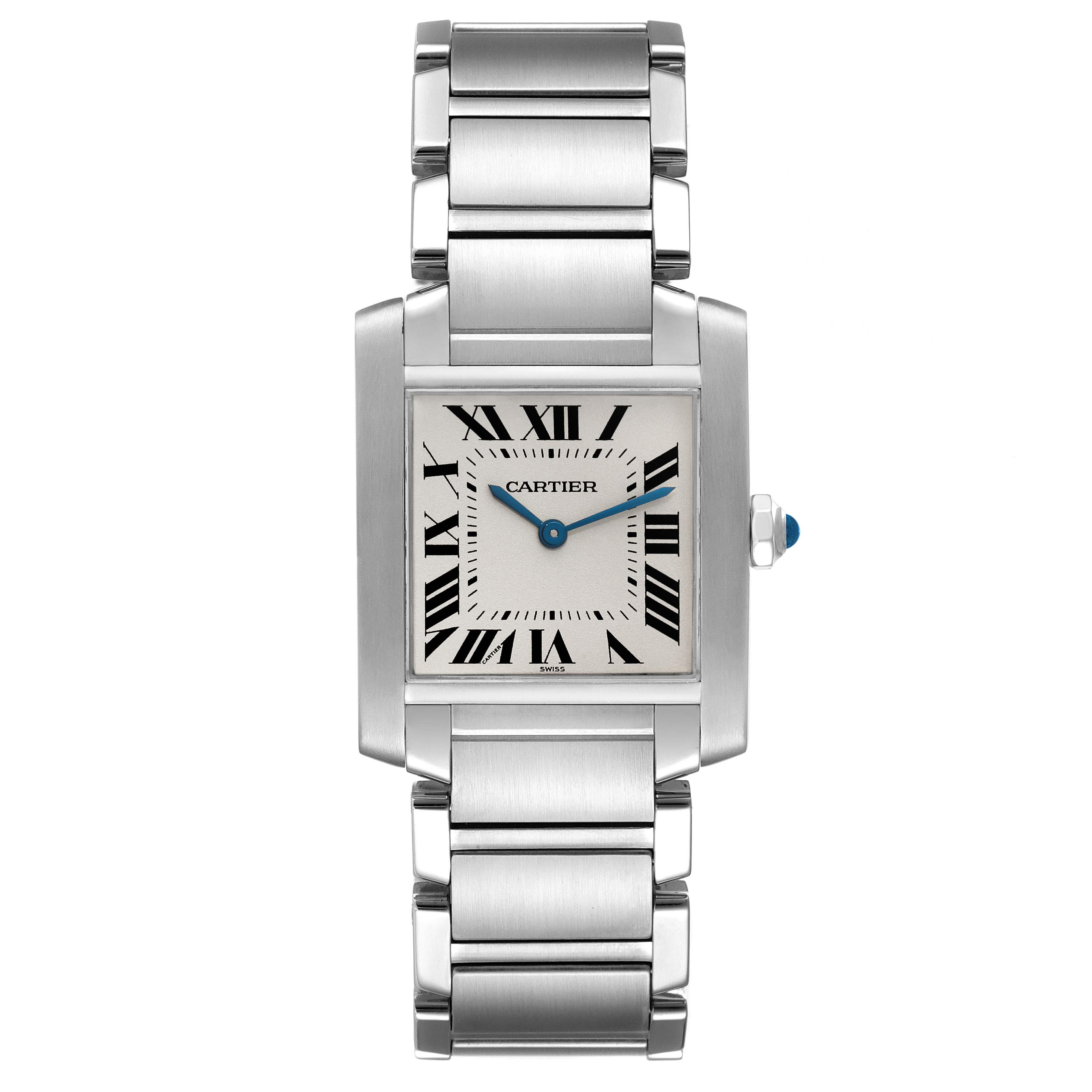 The image shows a frontal view of a Cartier Tank Francaise WSTA0005 Women
s Stainless Steel Silver Dial WSTA0005 Women
s Stainless Steel Silver Dial watch, displaying its face, bracelet, and crown.