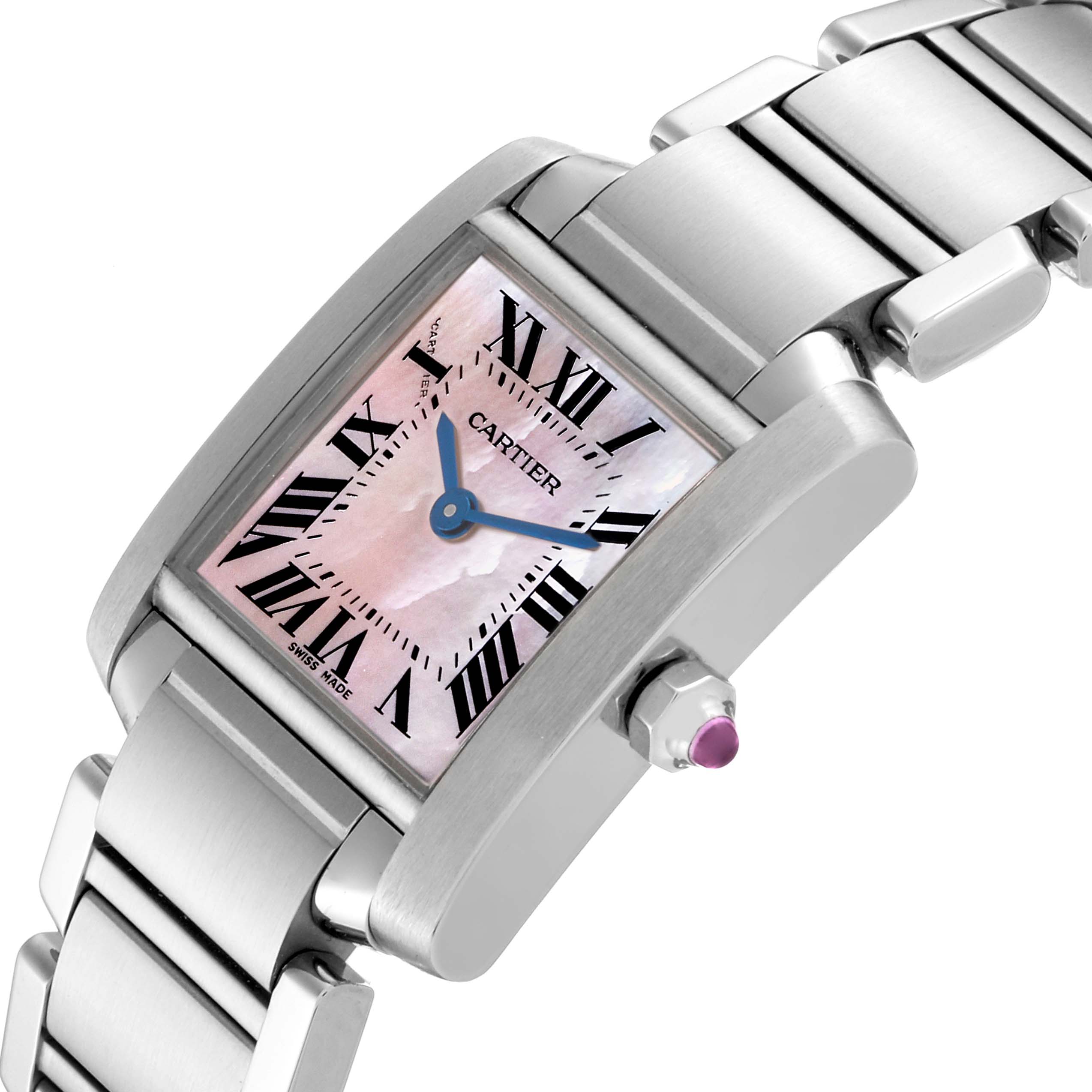 The Cartier Tank Francaise W51028Q3 Women's Stainless Steel Mother of Pearl Dial W51028Q3 Women's Stainless Steel Mother of Pearl Dial watch is shown at an angle highlighting the face, bezel, crown, and part of the bracelet.