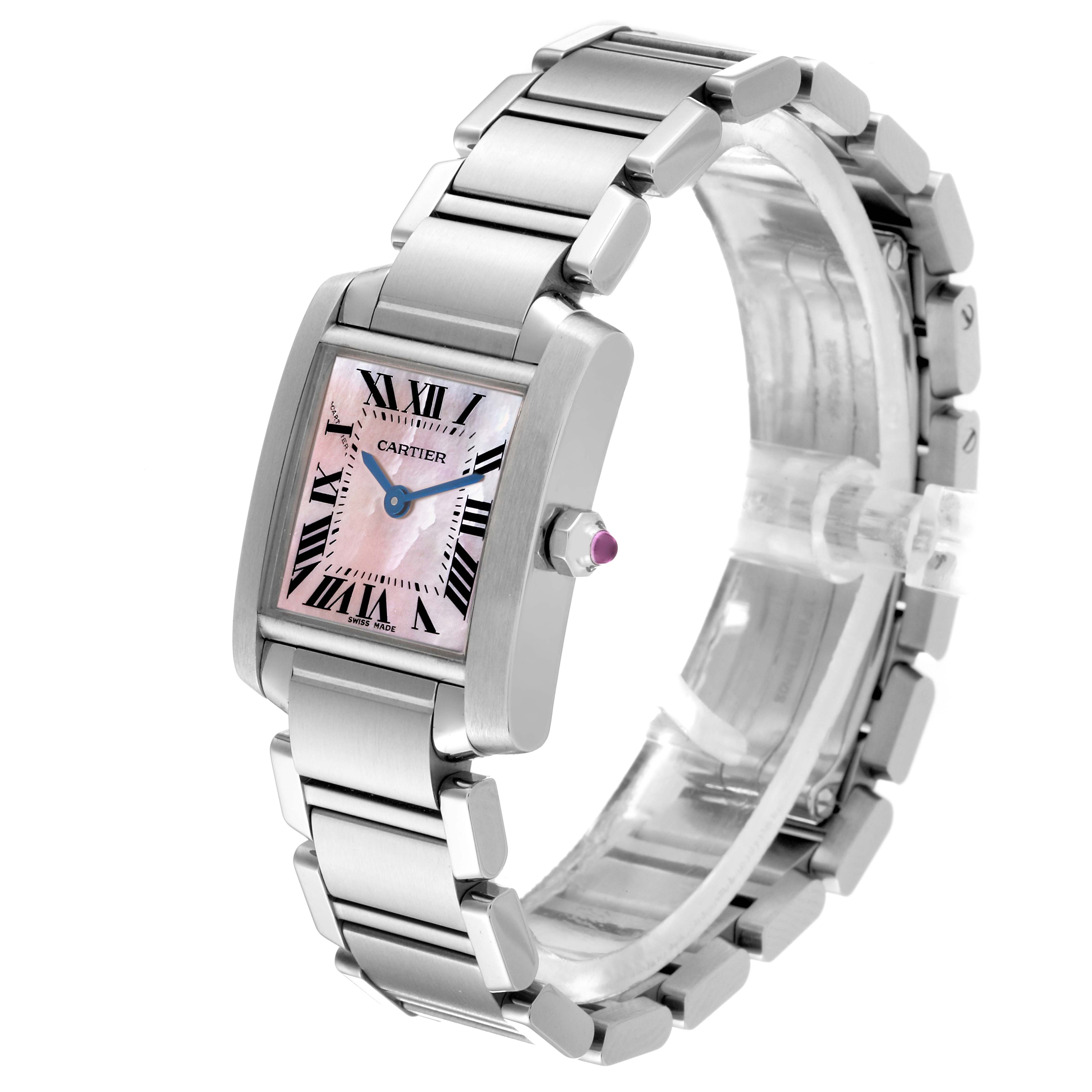 The Cartier Tank Française watch is shown in a three-quarter angle, displaying the bracelet and case with its pink dial.
