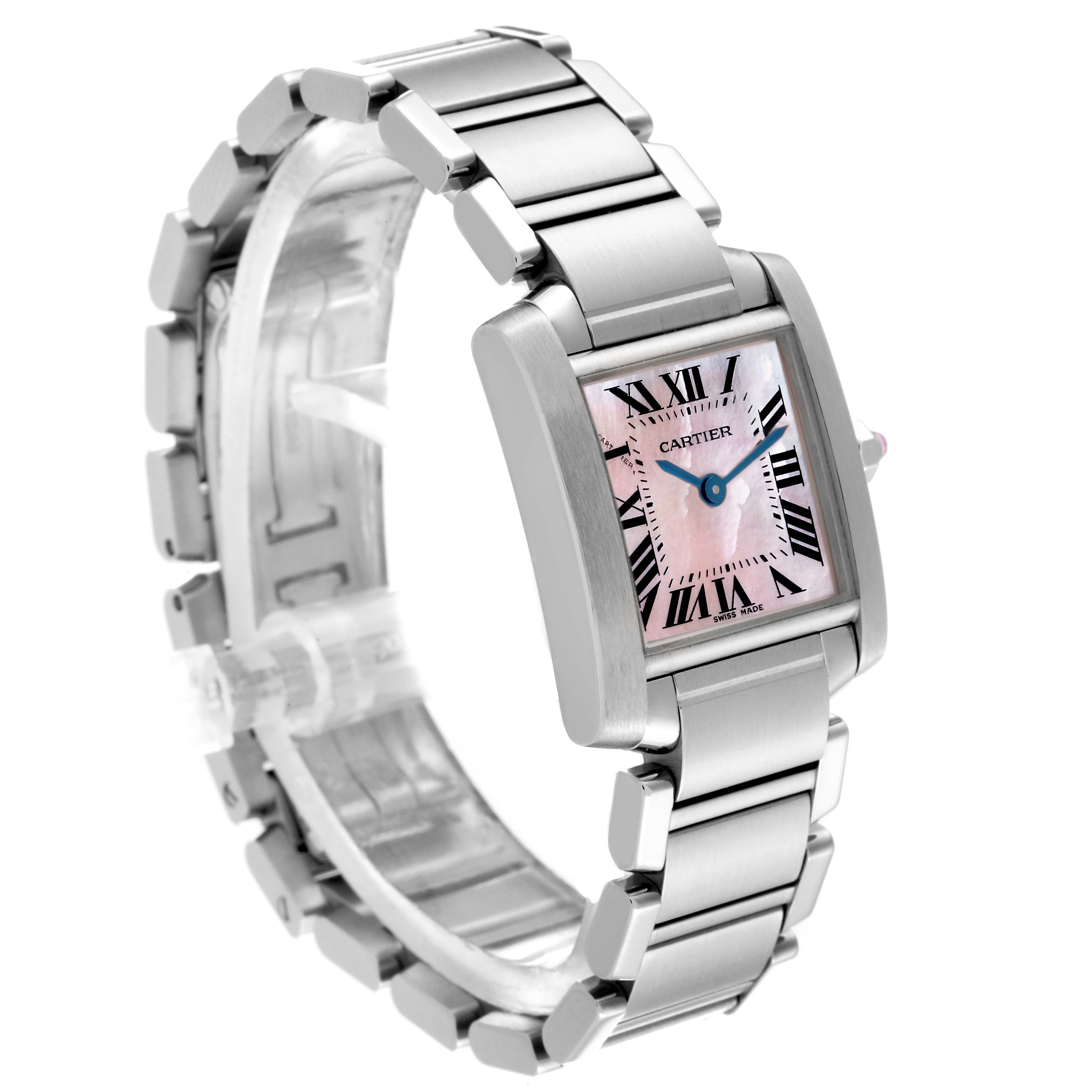 The Cartier Tank Francaise W51028Q3 Women's Stainless Steel Mother of Pearl Dial W51028Q3 Women's Stainless Steel Mother of Pearl Dial watch is shown at a three-quarter angle, highlighting its bracelet and rectangular face.