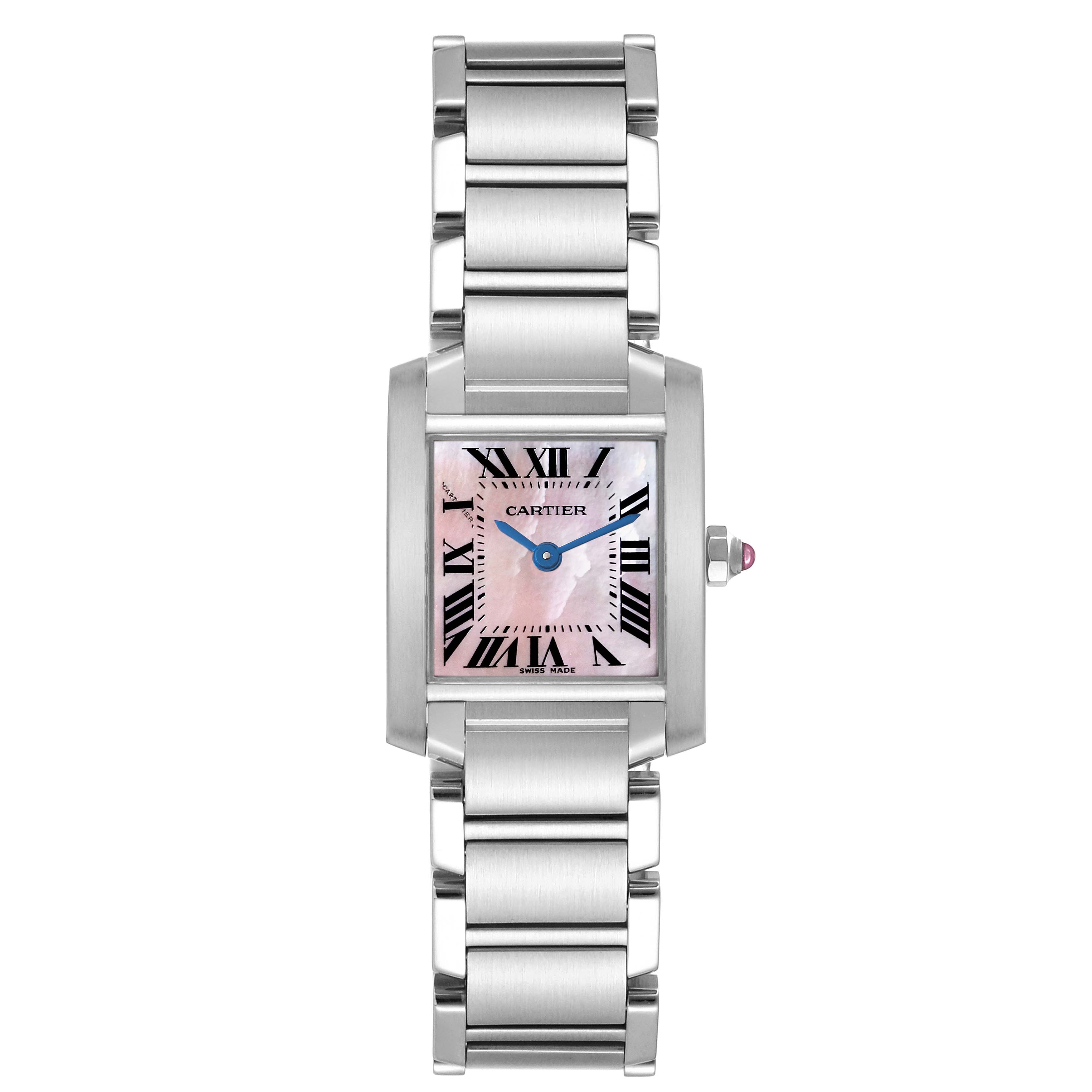 The Cartier Tank Française watch is shown from the front, displaying its face, bezel, and bracelet.