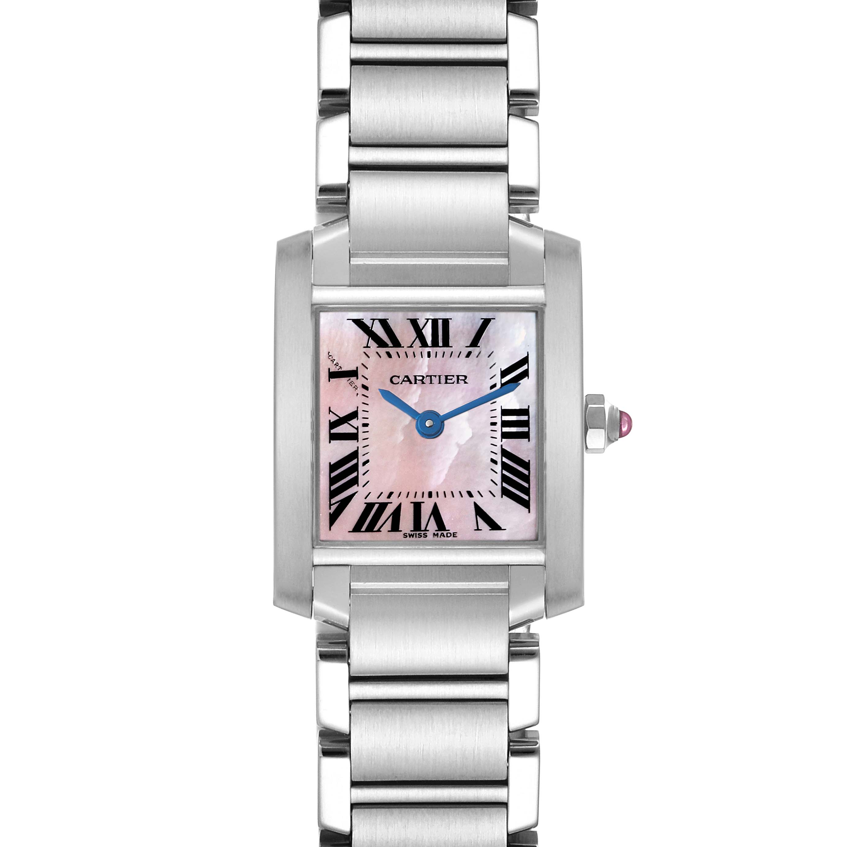 The Cartier Tank Francaise W51028Q3 Women's Stainless Steel Mother of Pearl Dial W51028Q3 Women's Stainless Steel Mother of Pearl Dial watch is shown from the front, highlighting the face, bezel, and part of the bracelet.
