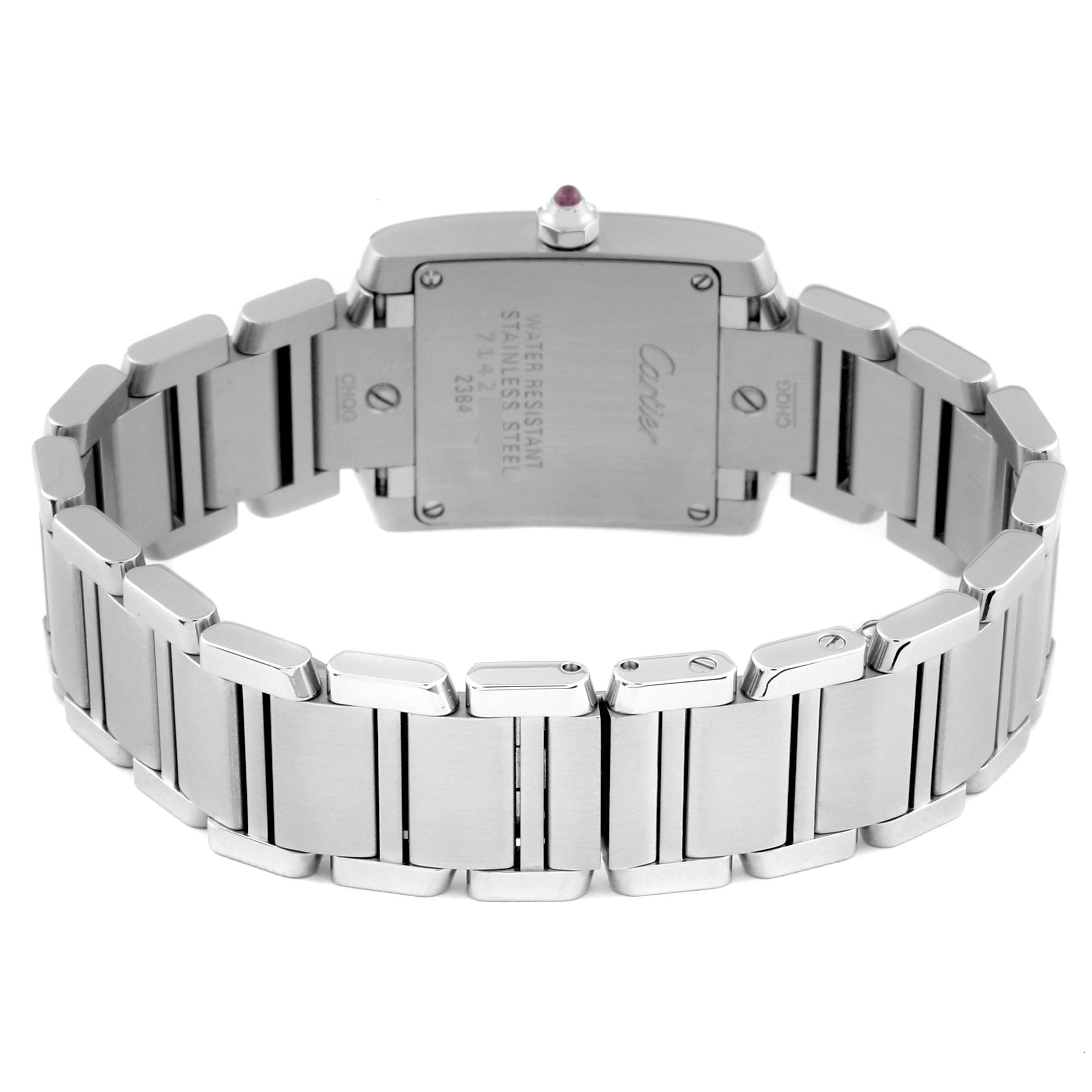 The image shows the back view of the Cartier Tank Française watch, detailing its stainless steel bracelet and clasp.