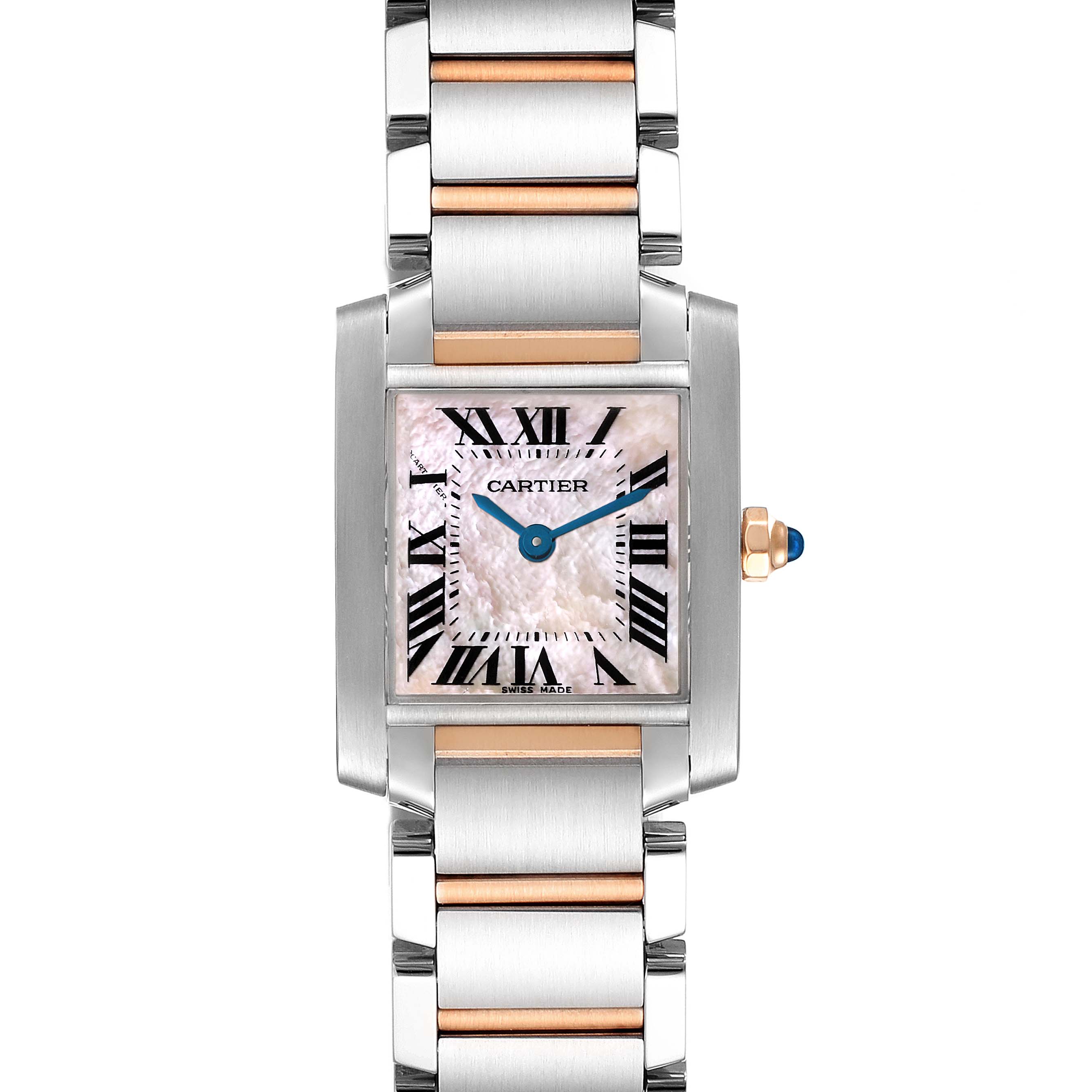 This image shows a front view of the Cartier Tank Francaise W51027Q4 Women's Steel and Gold (two tone) Mother of Pearl Dial W51027Q4 Women's Steel and Gold (two tone) Mother of Pearl Dial watch, highlighting the rectangular face, Roman numerals, and metal bracelet.