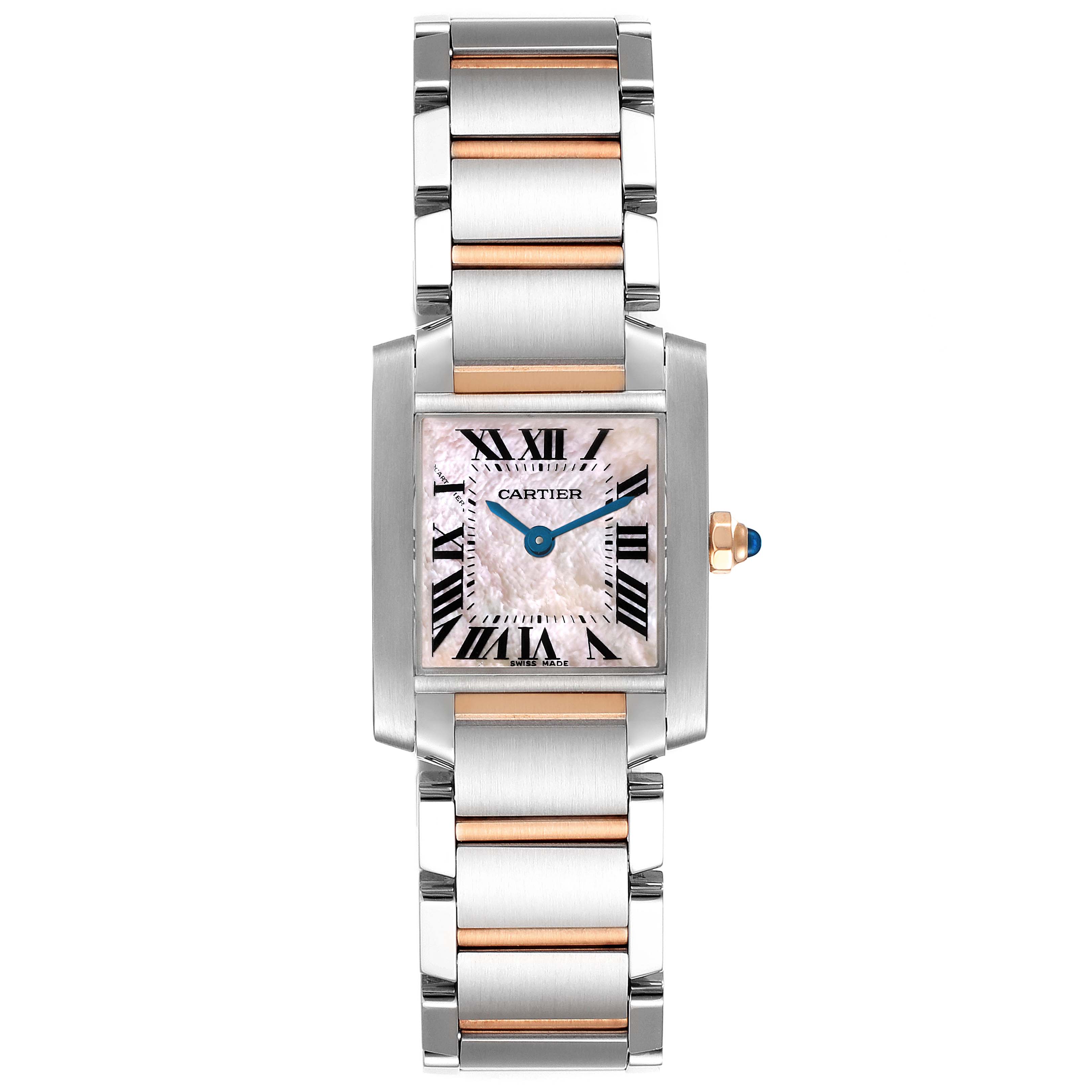 This image shows a front view of the Cartier Tank Francaise W51027Q4 Women's Steel and Gold (two tone) Mother of Pearl Dial W51027Q4 Women's Steel and Gold (two tone) Mother of Pearl Dial watch, displaying its face, bracelet, and crown with a blue cabochon.