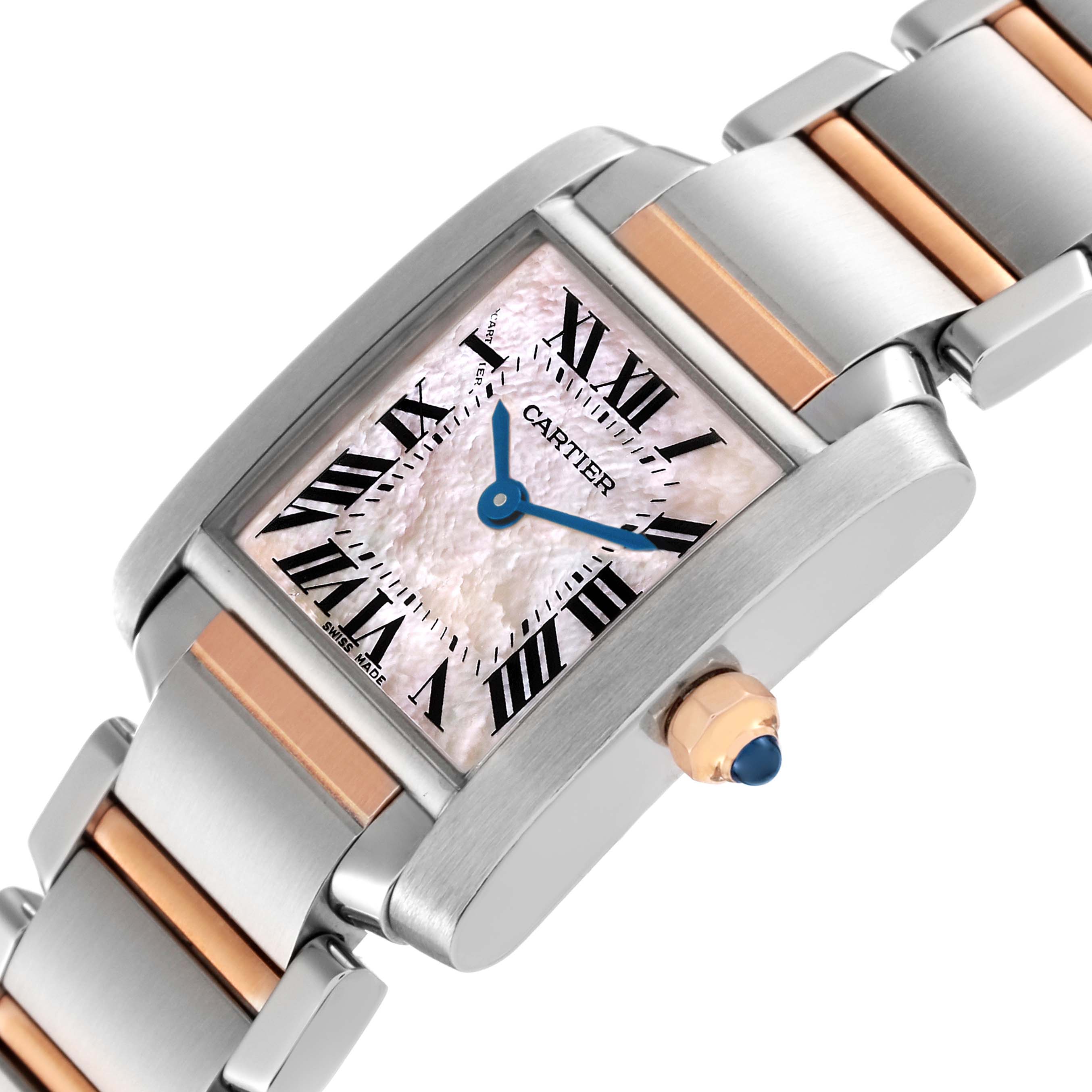 The Tank Francaise Cartier watch is shown at an angle highlighting its face, crown, and band.
