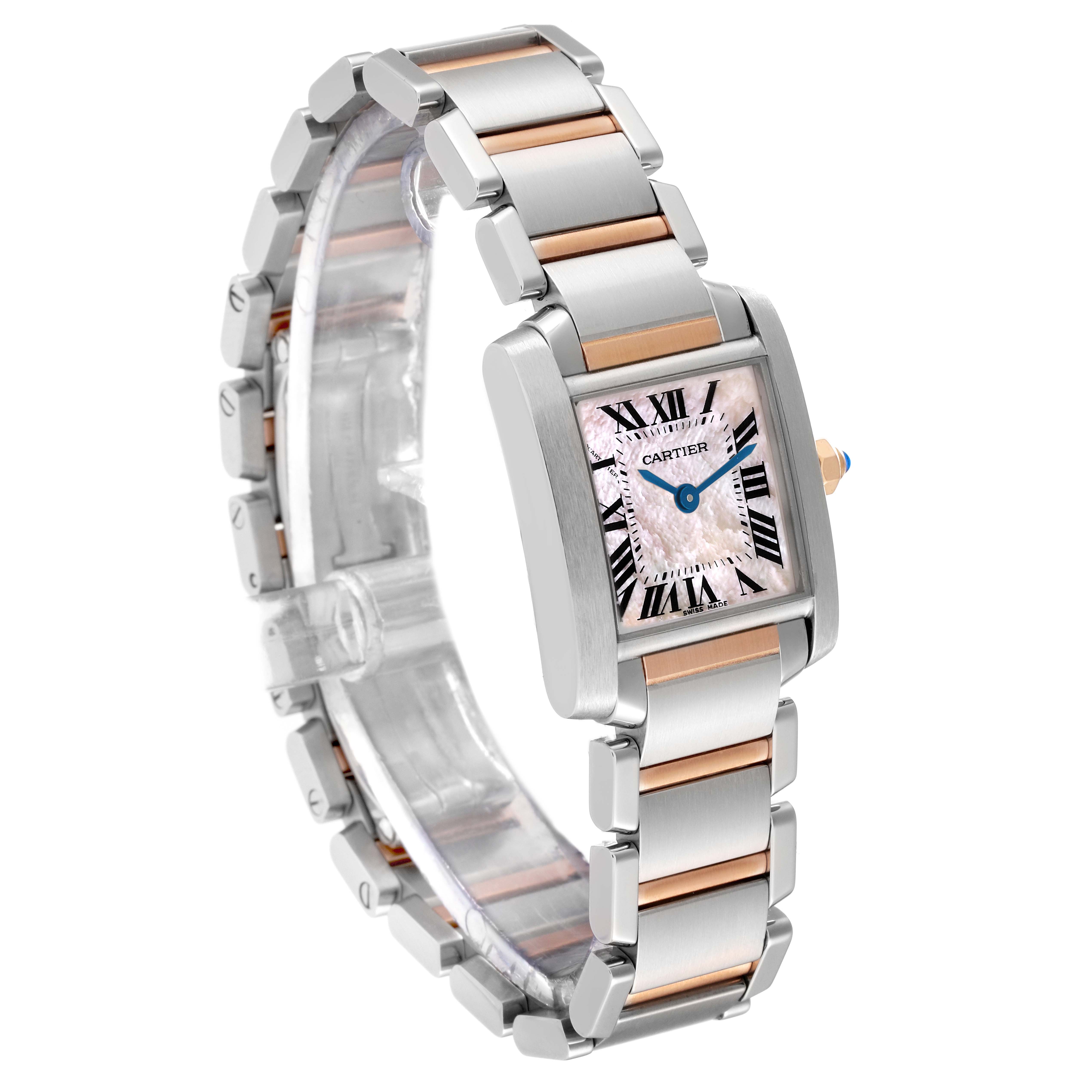 The image shows a Cartier Tank Francaise W51027Q4 Women's Steel and Gold (two tone) Mother of Pearl Dial W51027Q4 Women's Steel and Gold (two tone) Mother of Pearl Dial watch at a slight angle, highlighting its band and rectangular face with Roman numerals.
