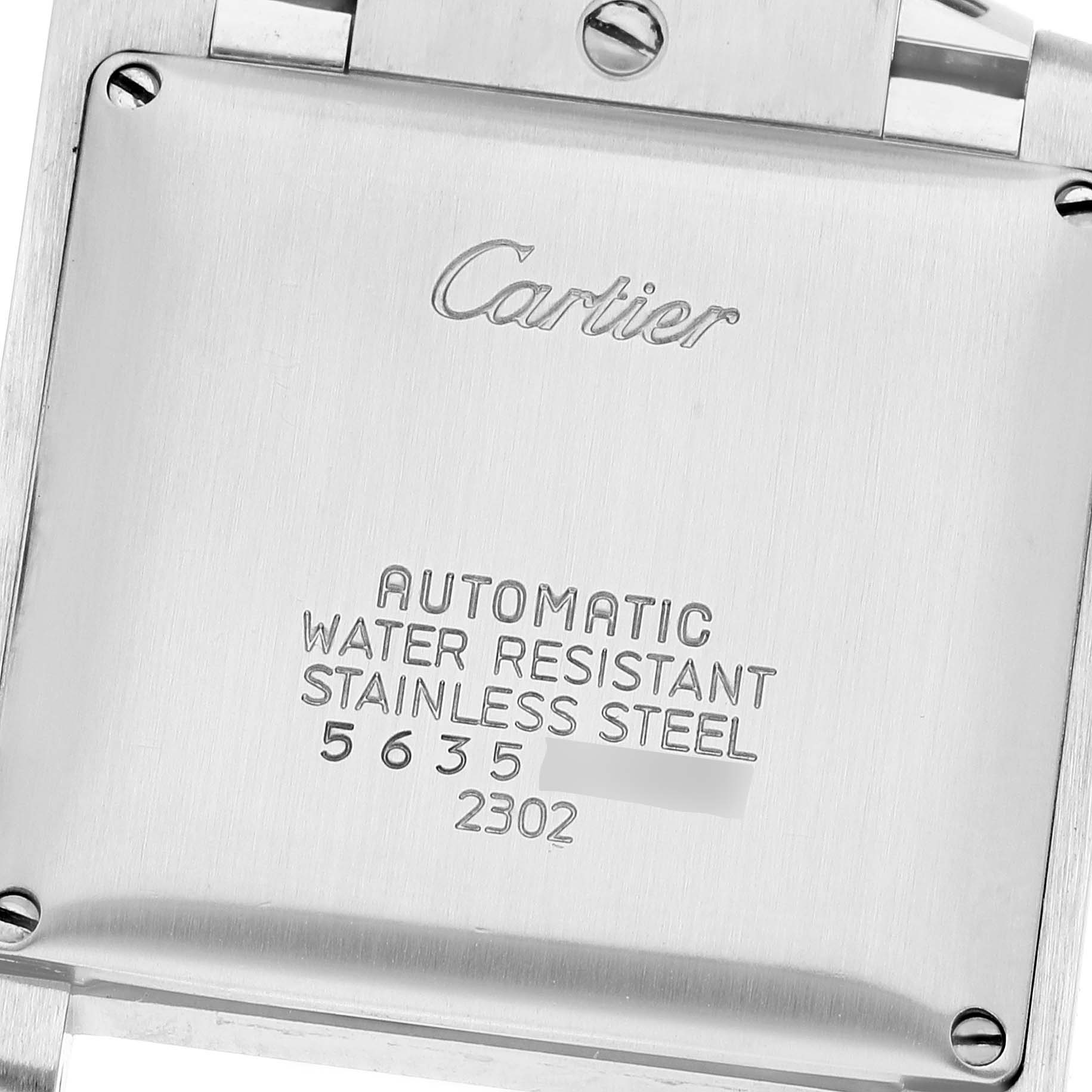 This image shows the back case of a Cartier Tank Francaise W51005Q4 Men's Steel and Gold (two tone) Silver Dial W51005Q4 Men's Steel and Gold (two tone) Silver Dial watch, displaying its model details and material information.