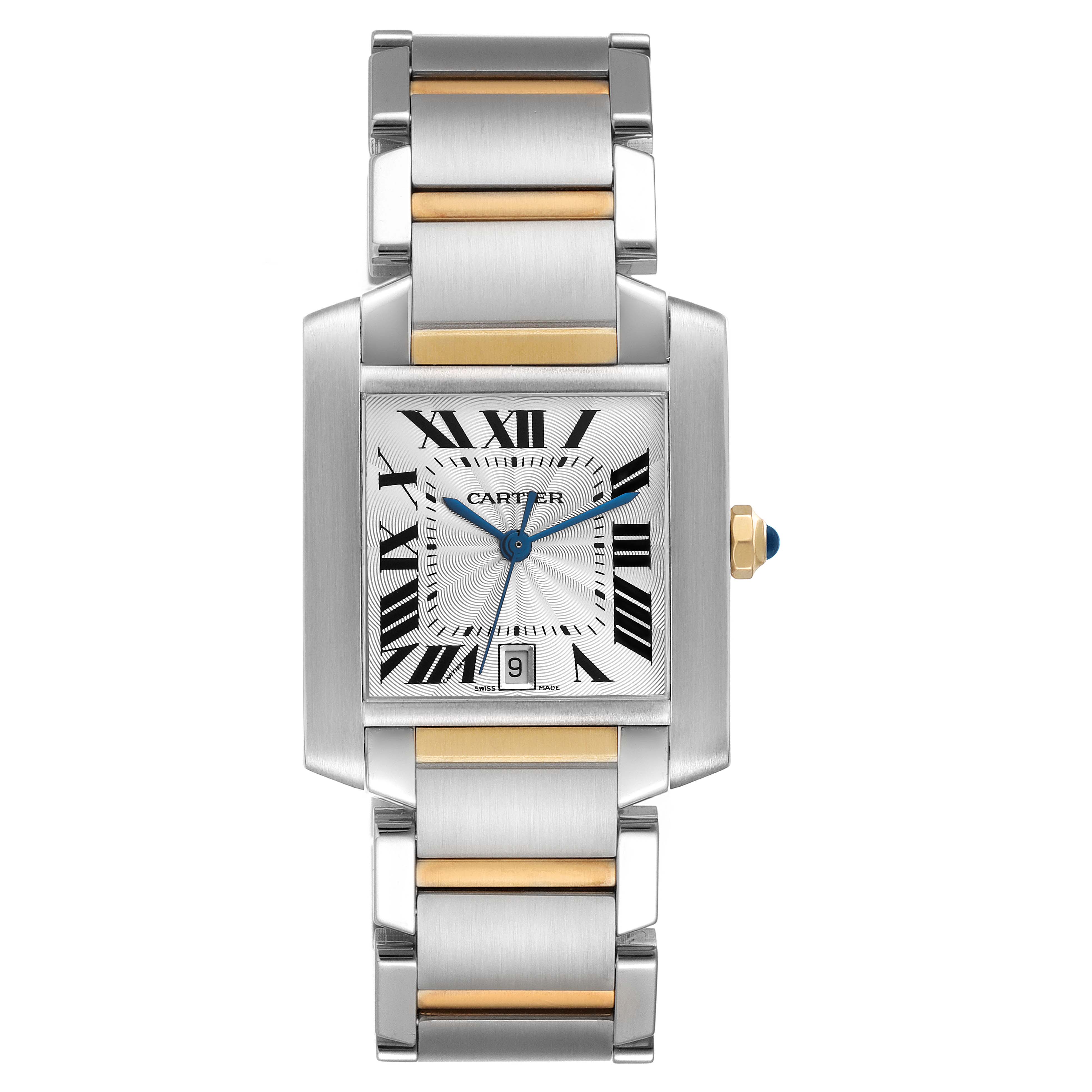 The image shows a Cartier Tank Francaise W51005Q4 Men's Steel and Gold (two tone) Silver Dial W51005Q4 Men's Steel and Gold (two tone) Silver Dial watch from a top-down angle, highlighting the face, bezel, and bracelet.