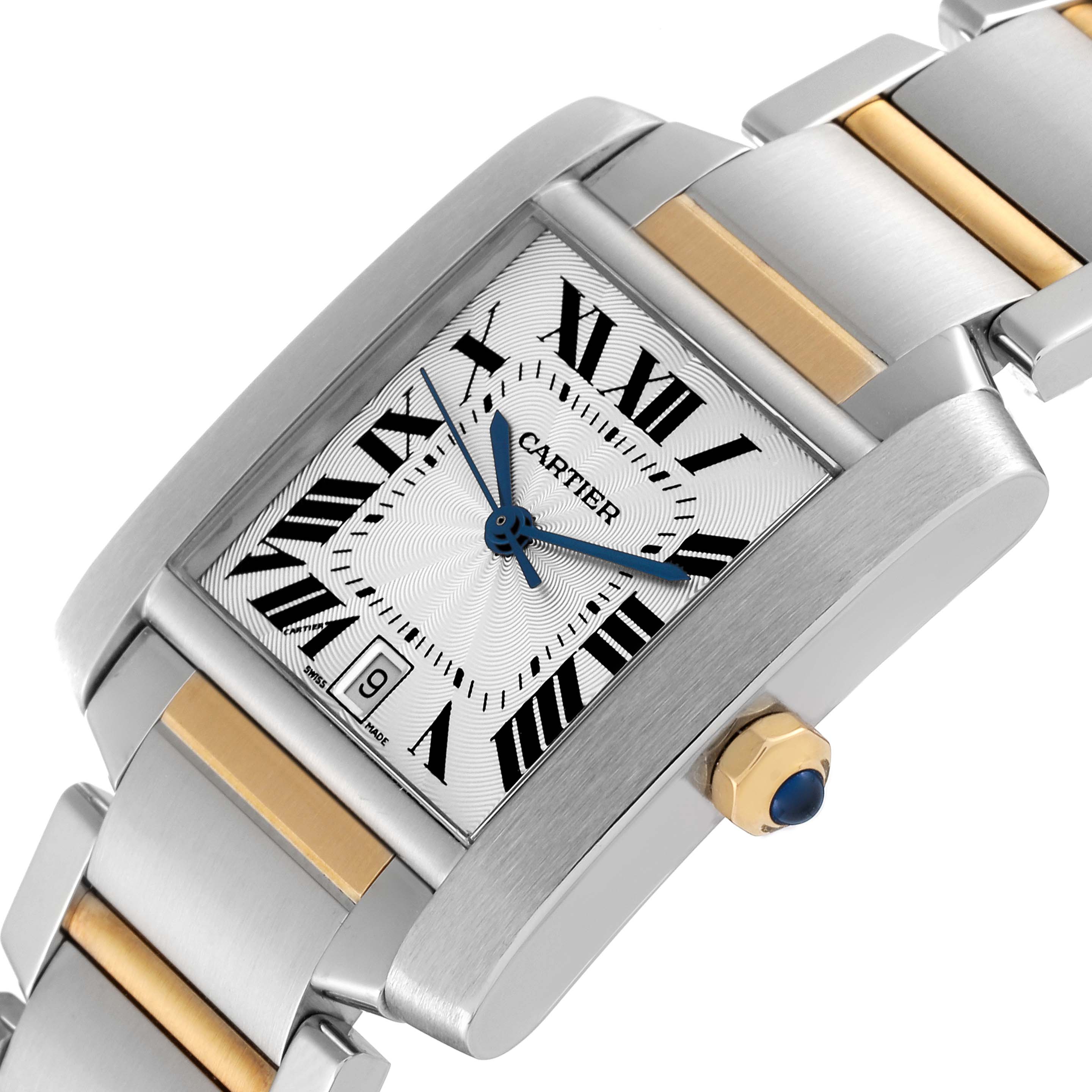 The Tank Francaise by Cartier is shown at an oblique angle, highlighting the face, crown, and bracelet.
