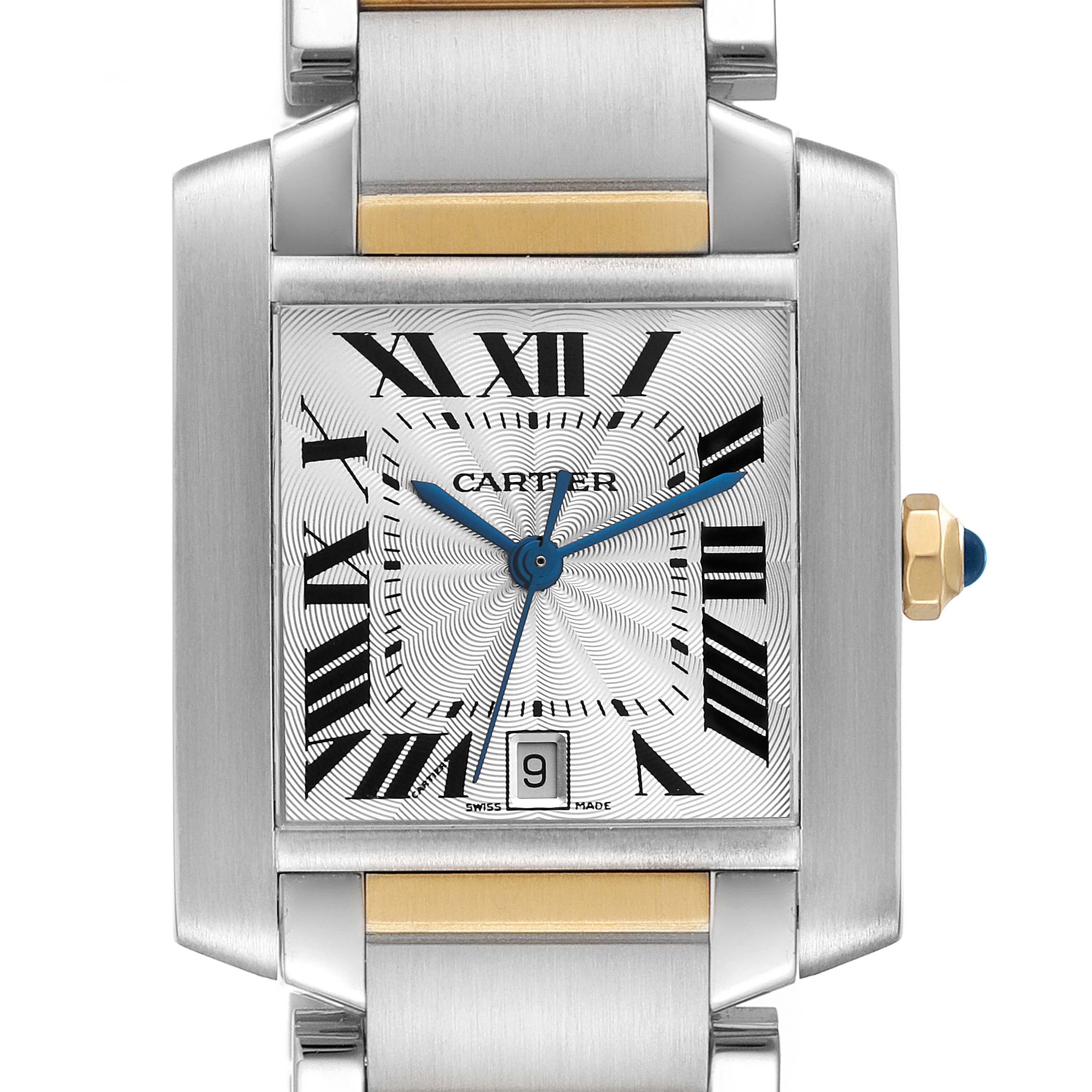 The image shows a close-up of the face and straps of a Cartier Tank Francaise W51005Q4 Men's Steel and Gold (two tone) Silver Dial W51005Q4 Men's Steel and Gold (two tone) Silver Dial watch.