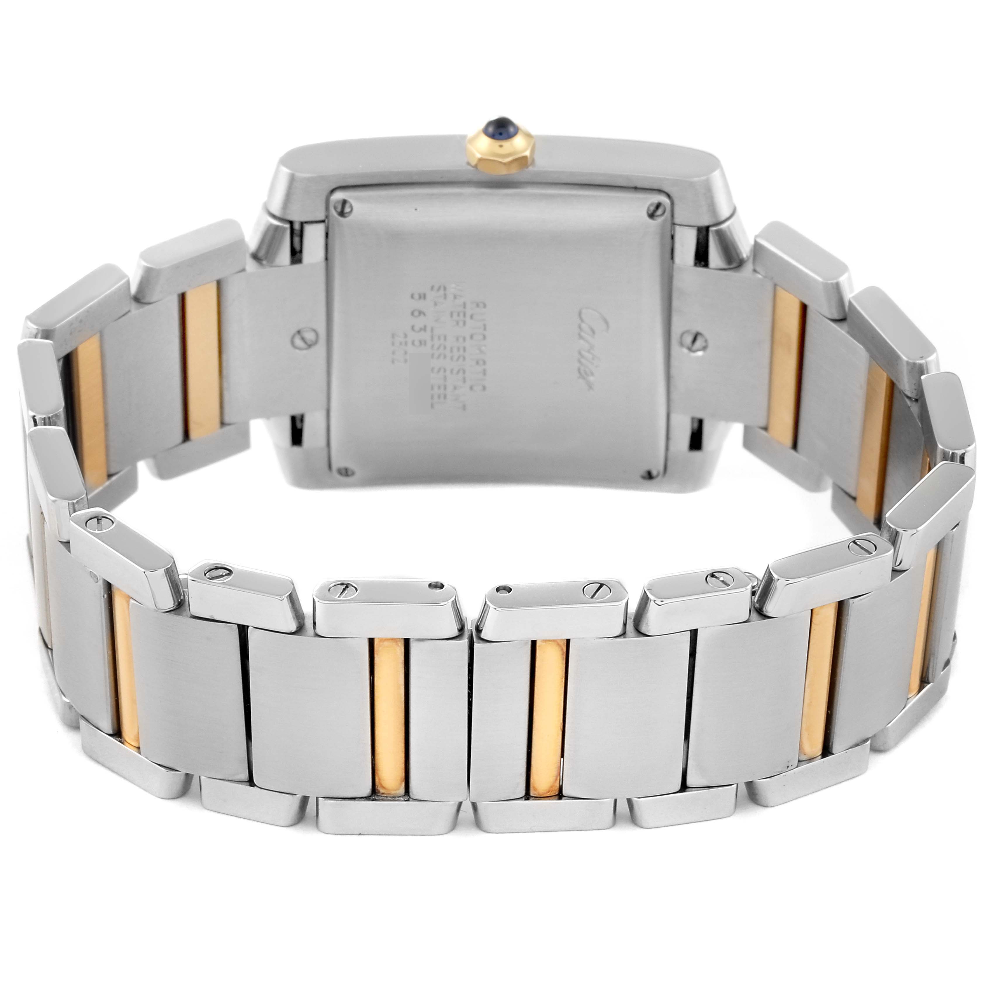 This image shows the back view of a Cartier Tank Francaise W51005Q4 Men's Steel and Gold (two tone) Silver Dial W51005Q4 Men's Steel and Gold (two tone) Silver Dial watch, highlighting its two-tone bracelet and case back.