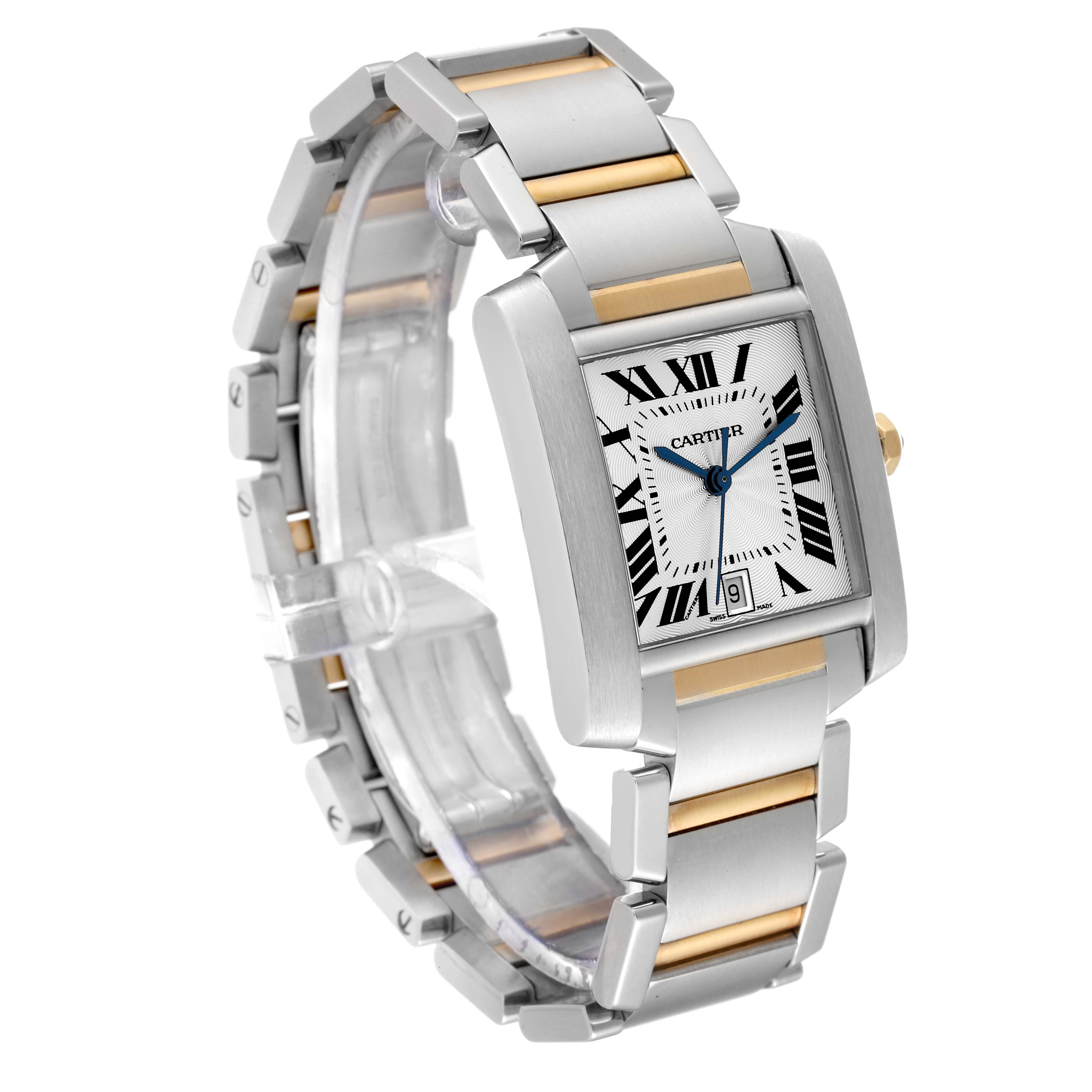 The image shows a Cartier Tank Francaise W51005Q4 Men's Steel and Gold (two tone) Silver Dial W51005Q4 Men's Steel and Gold (two tone) Silver Dial watch at a three-quarter view, displaying its rectangular face, Roman numerals, and two-tone bracelet.