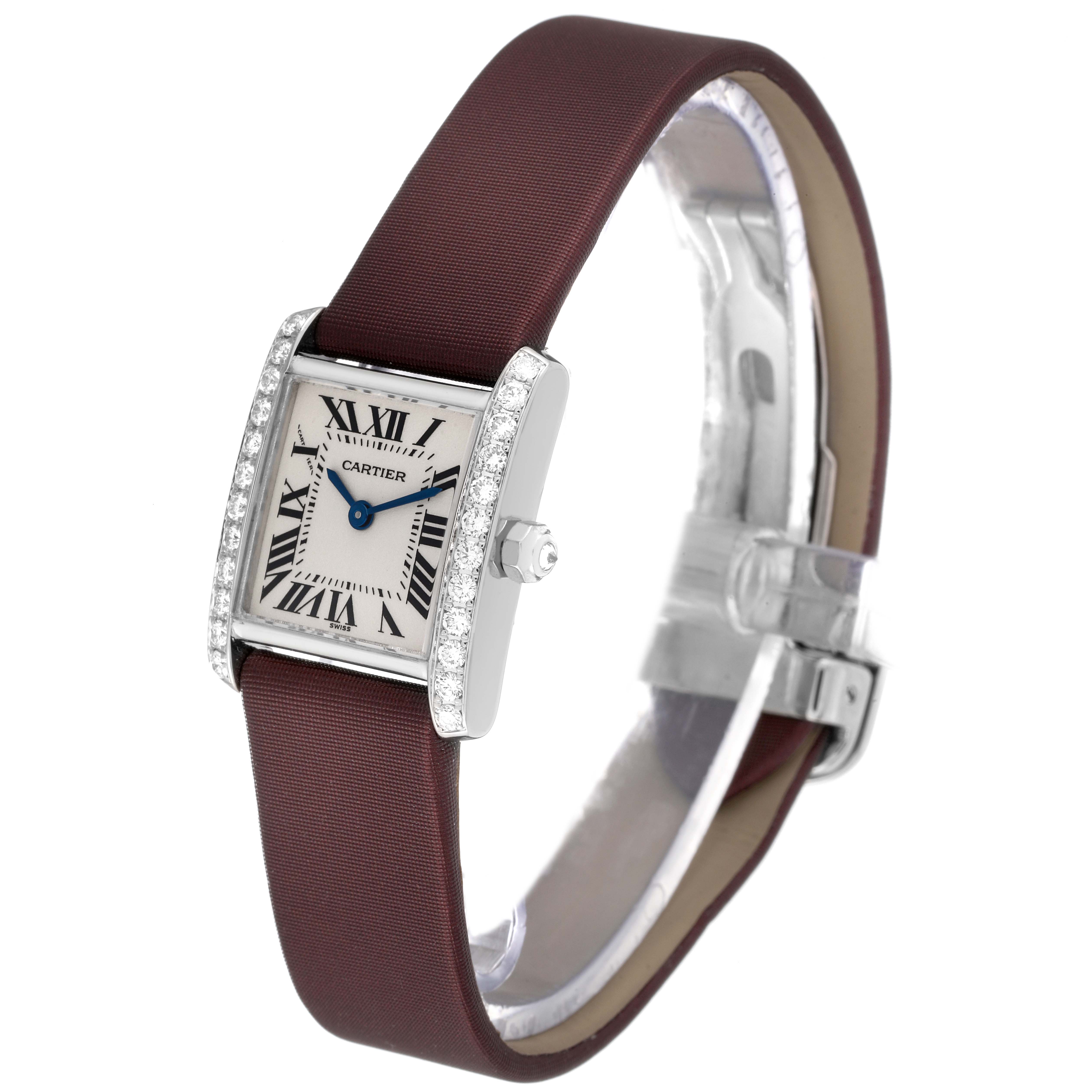 This image displays a Cartier Tank Francaise WE100251 Women's White Gold Silver Dial WE100251 Women's White Gold Silver Dial watch at a slight angle, showing the dial, bezel, strap, and crown.