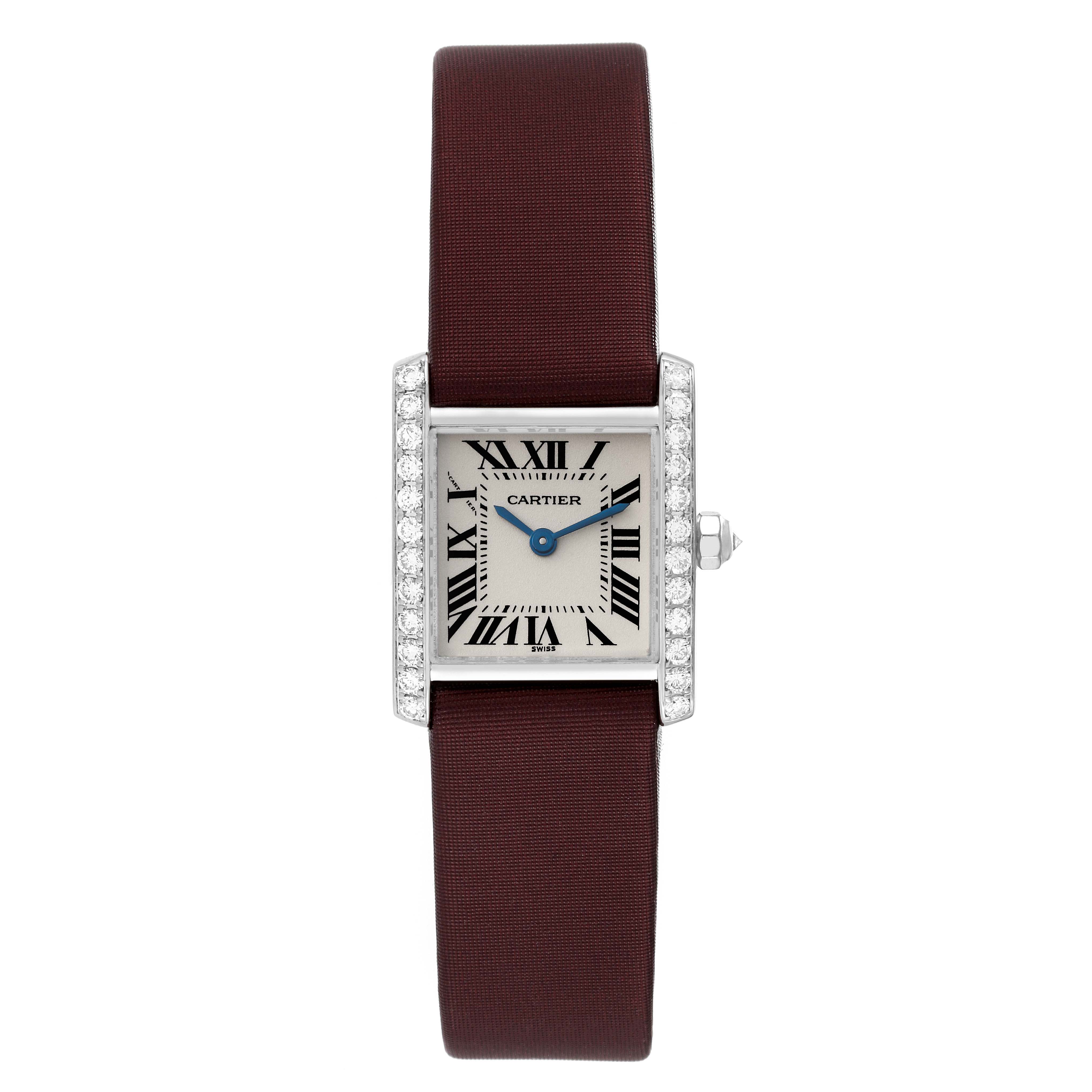 The image displays a frontal view of a Cartier Tank Francaise WE100251 Women's White Gold Silver Dial WE100251 Women's White Gold Silver Dial watch, showcasing its face, strap, and diamond-set bezel.