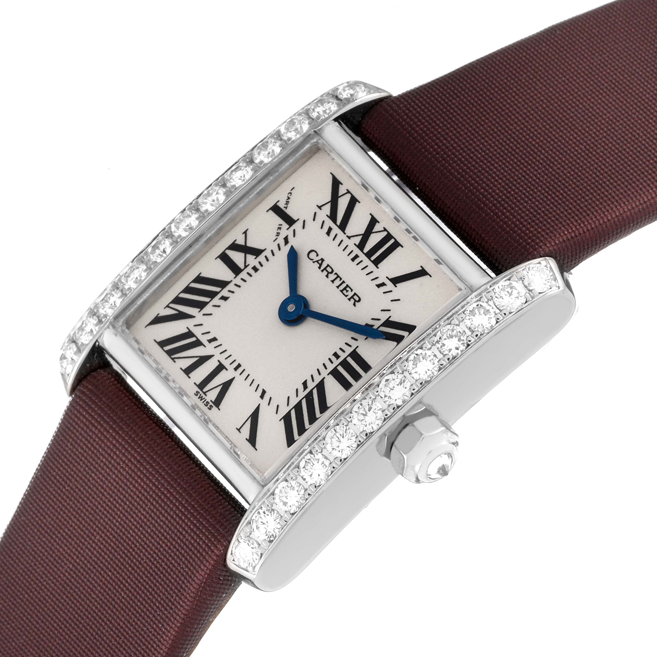 The image shows a Cartier Tank Française watch at an angled view, highlighting the face, strap, and diamond-studded case.