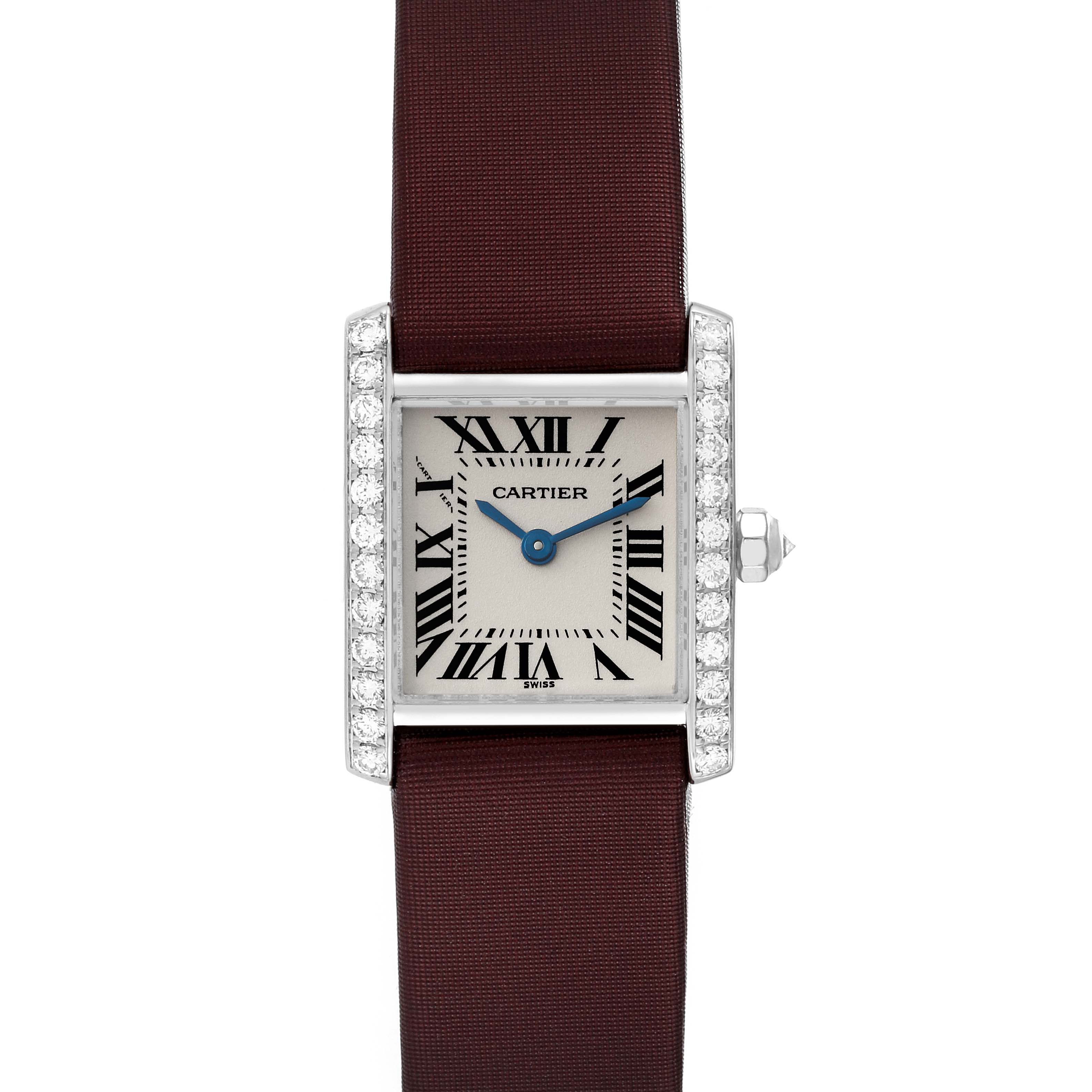 The image shows a Cartier Tank Francaise WE100251 Women's White Gold Silver Dial WE100251 Women's White Gold Silver Dial watch from a front view, displaying its face, case, and strap.