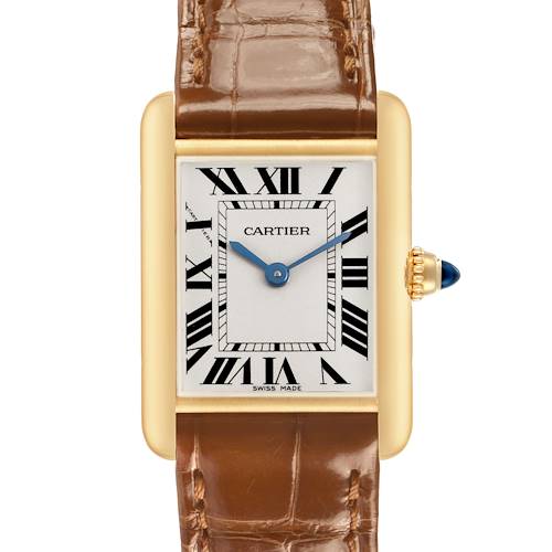 The Cartier Tank Louis W1529856 Women's Yellow Gold Silver Dial watch is shown from the front, highlighting the gold case, brown leather strap, and Roman numeral dial.