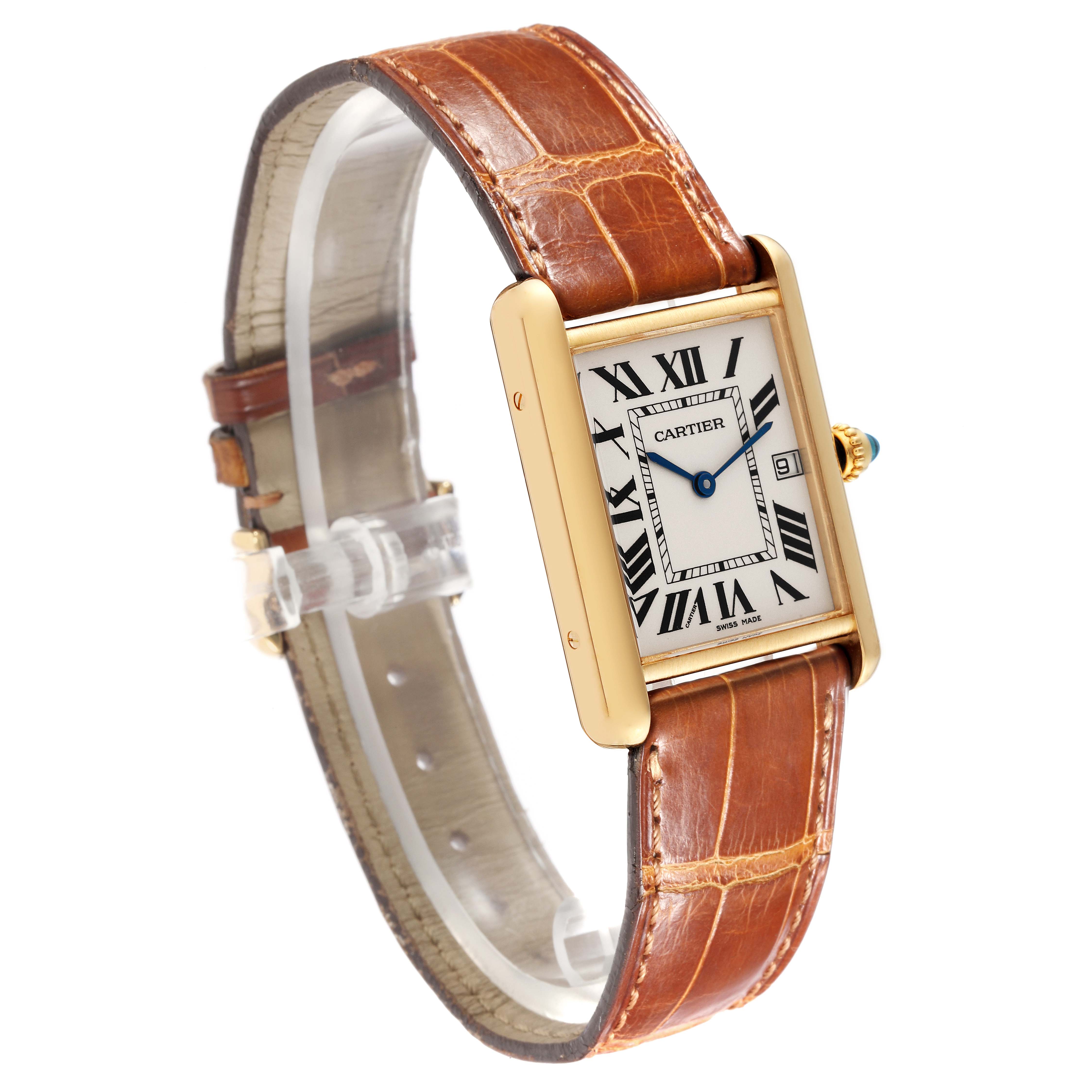 The Cartier Tank Louis W1529756 Men's Yellow Gold Silver Dial W1529756 Men's Yellow Gold Silver Dial watch is shown at an angle highlighting its rectangular face, leather strap, crown, and Roman numerals.