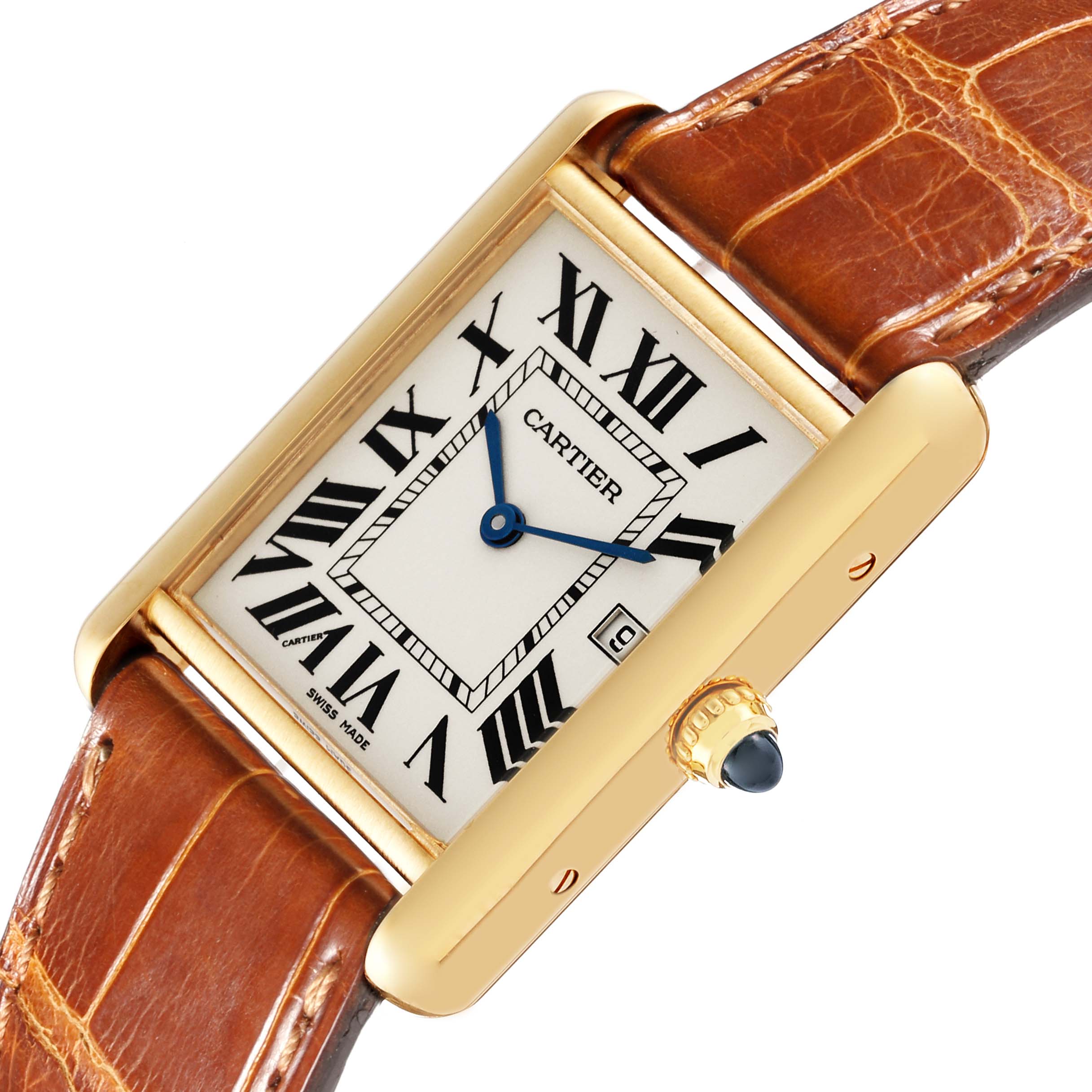 The Cartier Tank Louis W1529756 Men's Yellow Gold Silver Dial W1529756 Men's Yellow Gold Silver Dial watch is shown at an angled top-down view, displaying the face, bezel, crown, and leather strap.