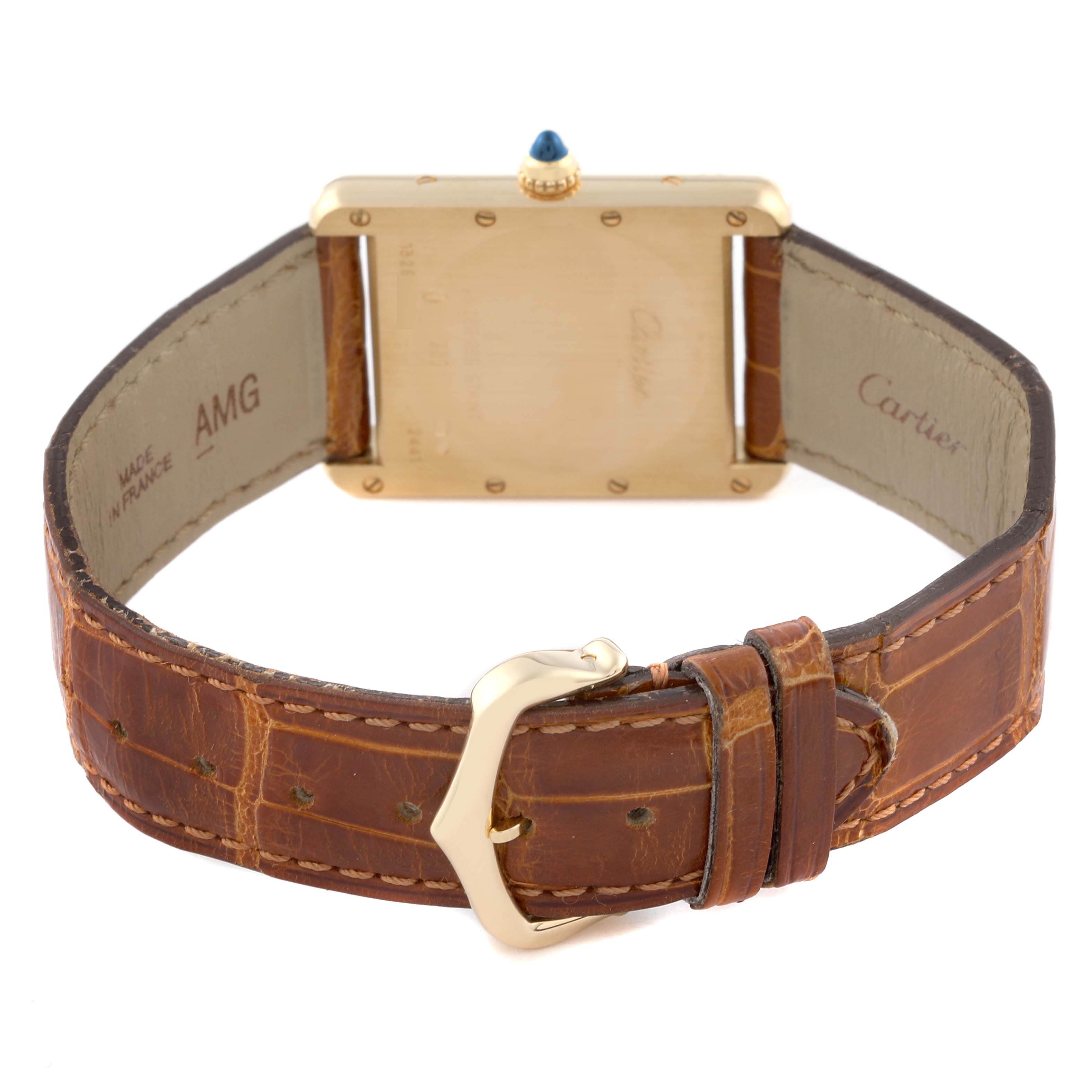 The image shows the back view of the Cartier Tank Louis W1529756 Men's Yellow Gold Silver Dial W1529756 Men's Yellow Gold Silver Dial watch, highlighting the buckle and strap.