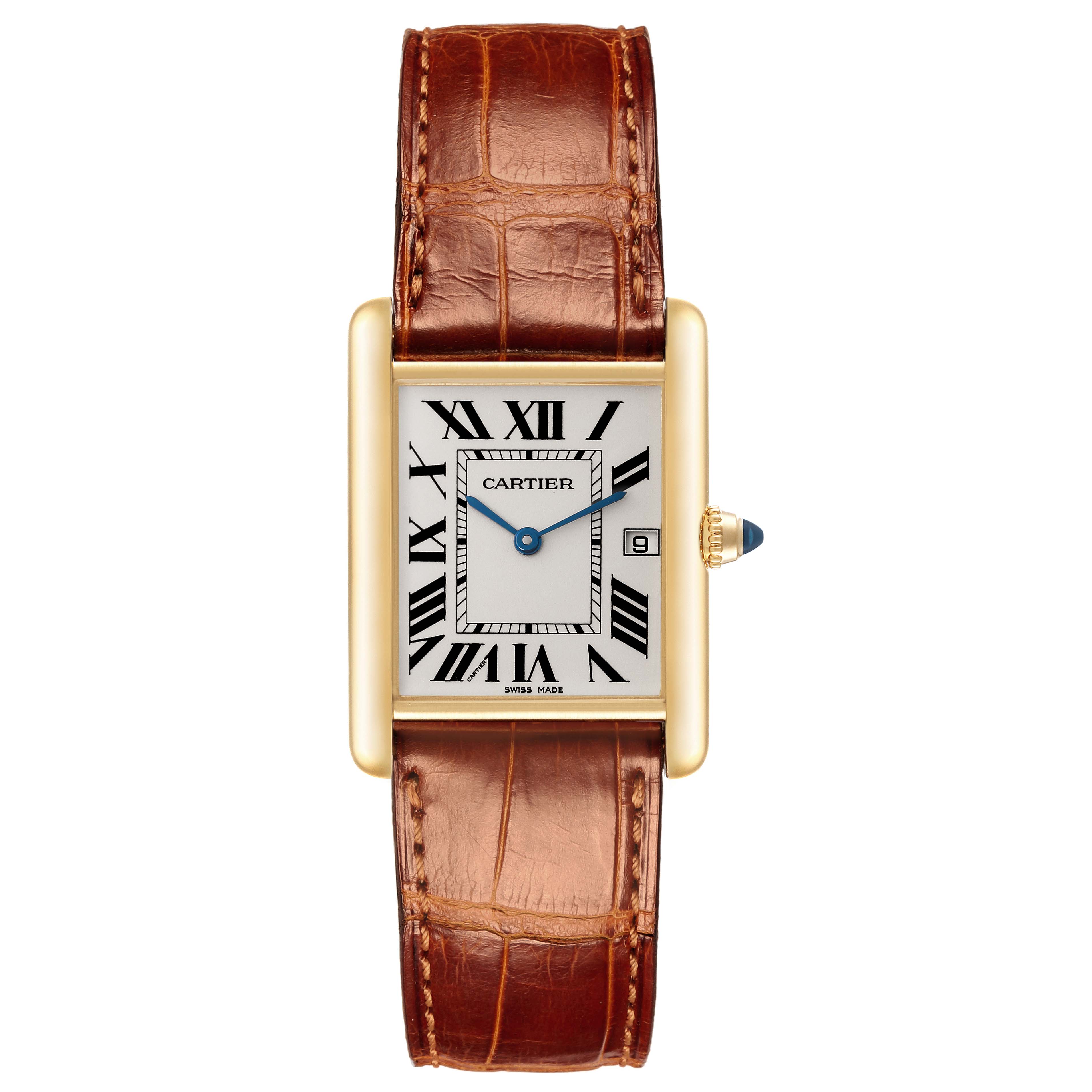 The Cartier Tank Louis W1529756 Men's Yellow Gold Silver Dial W1529756 Men's Yellow Gold Silver Dial watch is shown from the front, displaying its leather strap, gold case, Roman numerals, and crown.