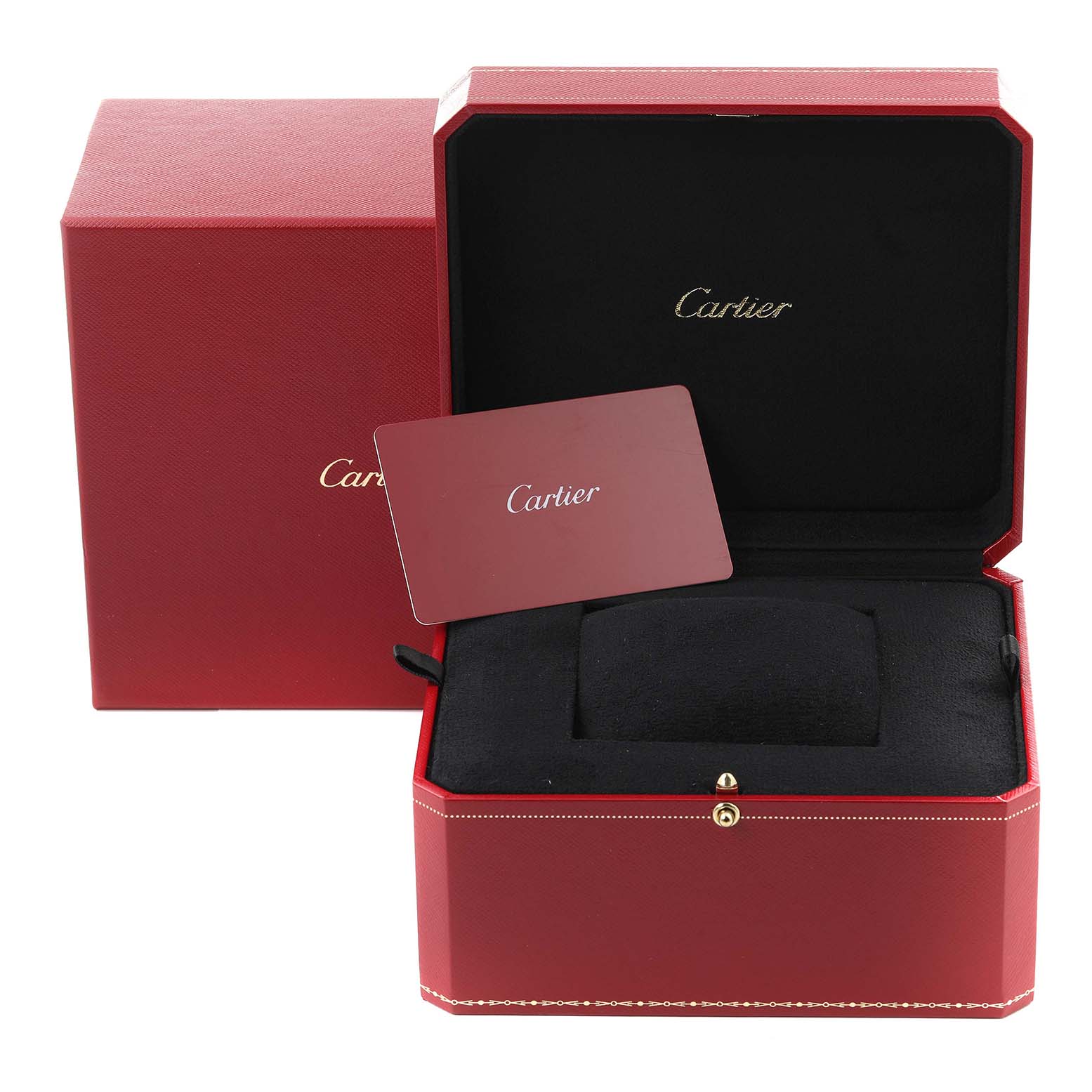 The image shows a Cartier Tank Louis W1529756 Men's Yellow Gold Silver Dial W1529756 Men's Yellow Gold Silver Dial watch box, open with a cushion and card inside.