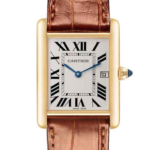 Photo of Cartier Tank Louis Yellow Gold Leather Mens Watch W1529756 Box Card