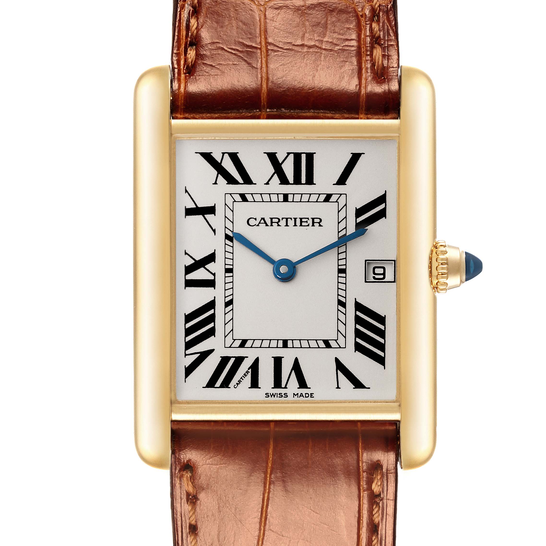 The Cartier Tank Louis W1529756 Men's Yellow Gold Silver Dial W1529756 Men's Yellow Gold Silver Dial watch is shown from a top-down angle, displaying the face, crown, and brown leather strap.