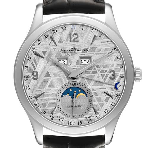 The Jaeger LeCoultre Master Q1558421 Men's Stainless Steel Grey Dial model is shown from the front, displaying the dial, hands, day, month, and a moon phase indicator.