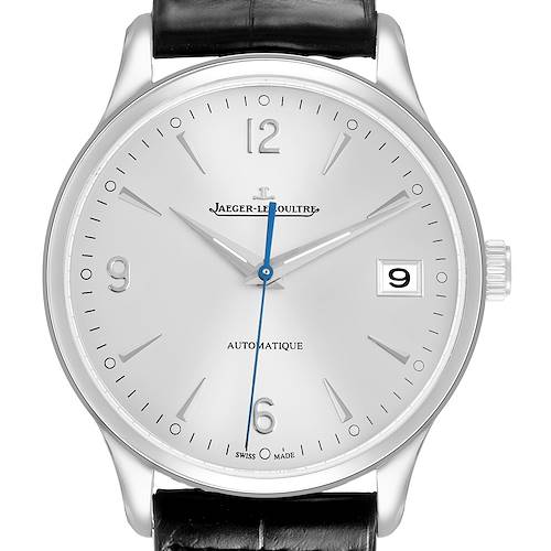 This image shows a front view of a Jaeger LeCoultre Master Q4018420 Men's Stainless Steel Silver Dial watch, highlighting its dial, hands, date window, and crown.