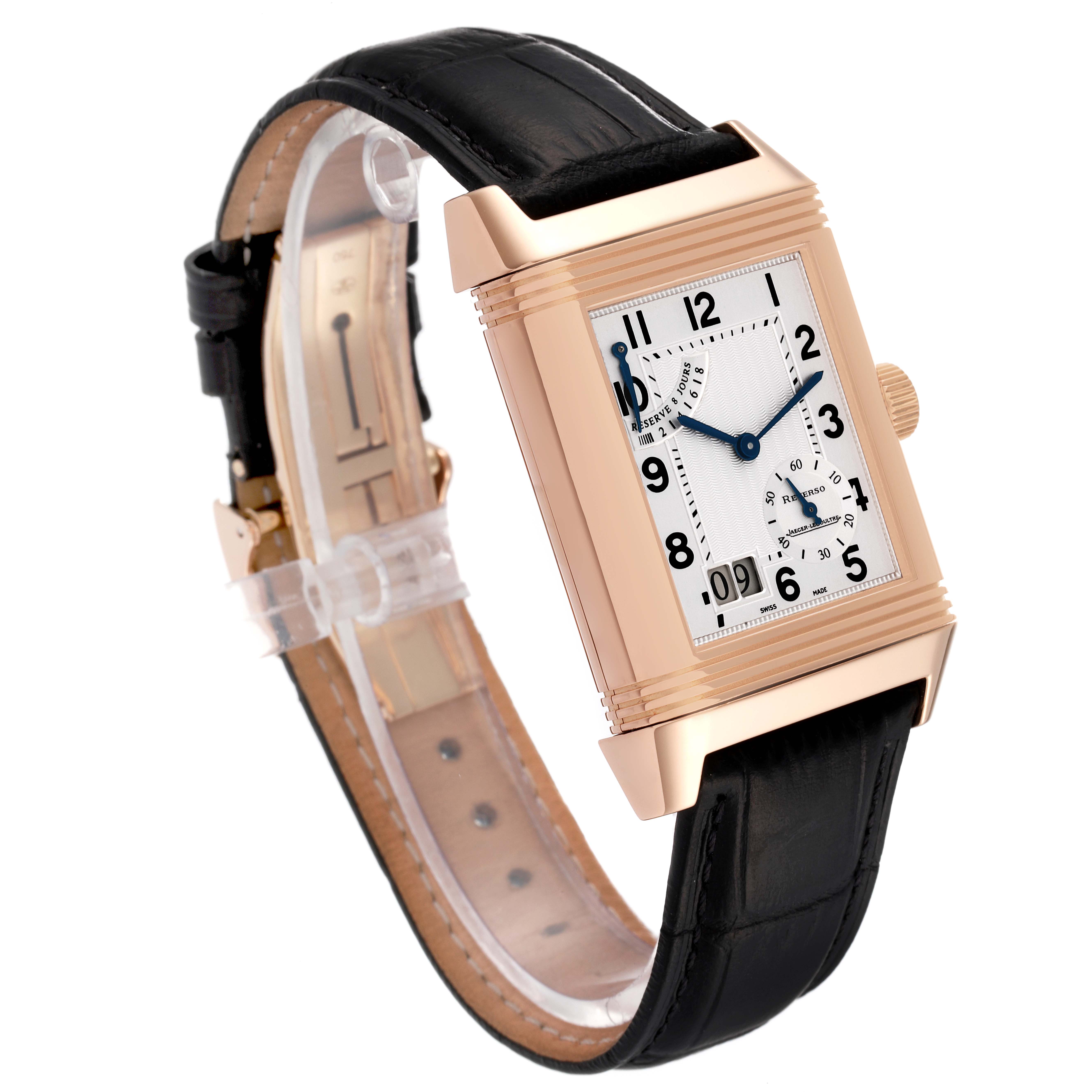 This image shows a Jaeger LeCoultre Reverso Q3002401 Men's Rose Gold Silver Dial Q3002401 Men's Rose Gold Silver Dial watch from an angled front view, revealing its rectangular dial and black leather strap.