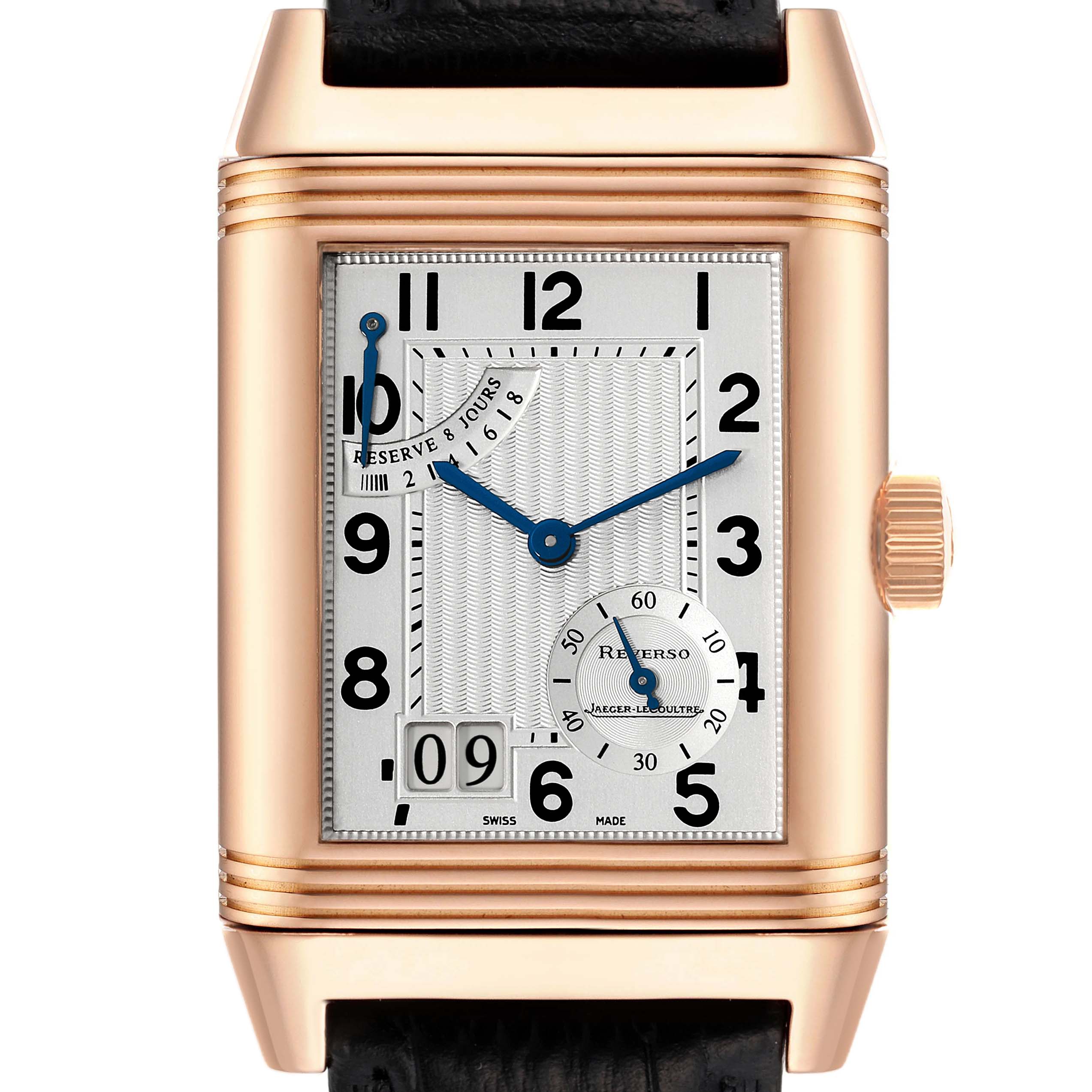 The image displays a front view of the Jaeger-LeCoultre Reverso watch, showcasing the dial, hands, crown, and part of the leather strap.