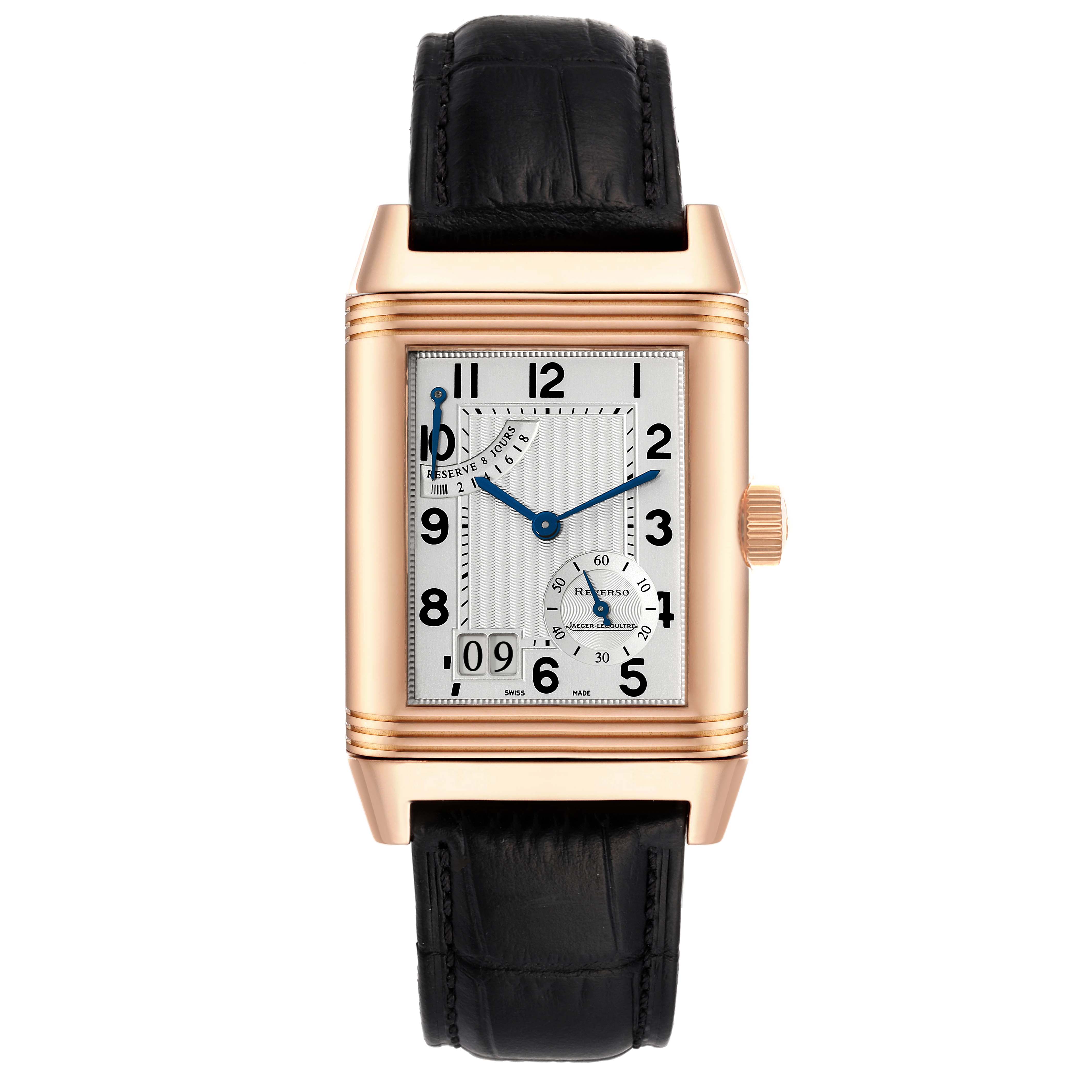 This Jaeger LeCoultre Reverso Q3002401 Men's Rose Gold Silver Dial Q3002401 Men's Rose Gold Silver Dial model is shown from the front, displaying its face, dial, case, and strap.