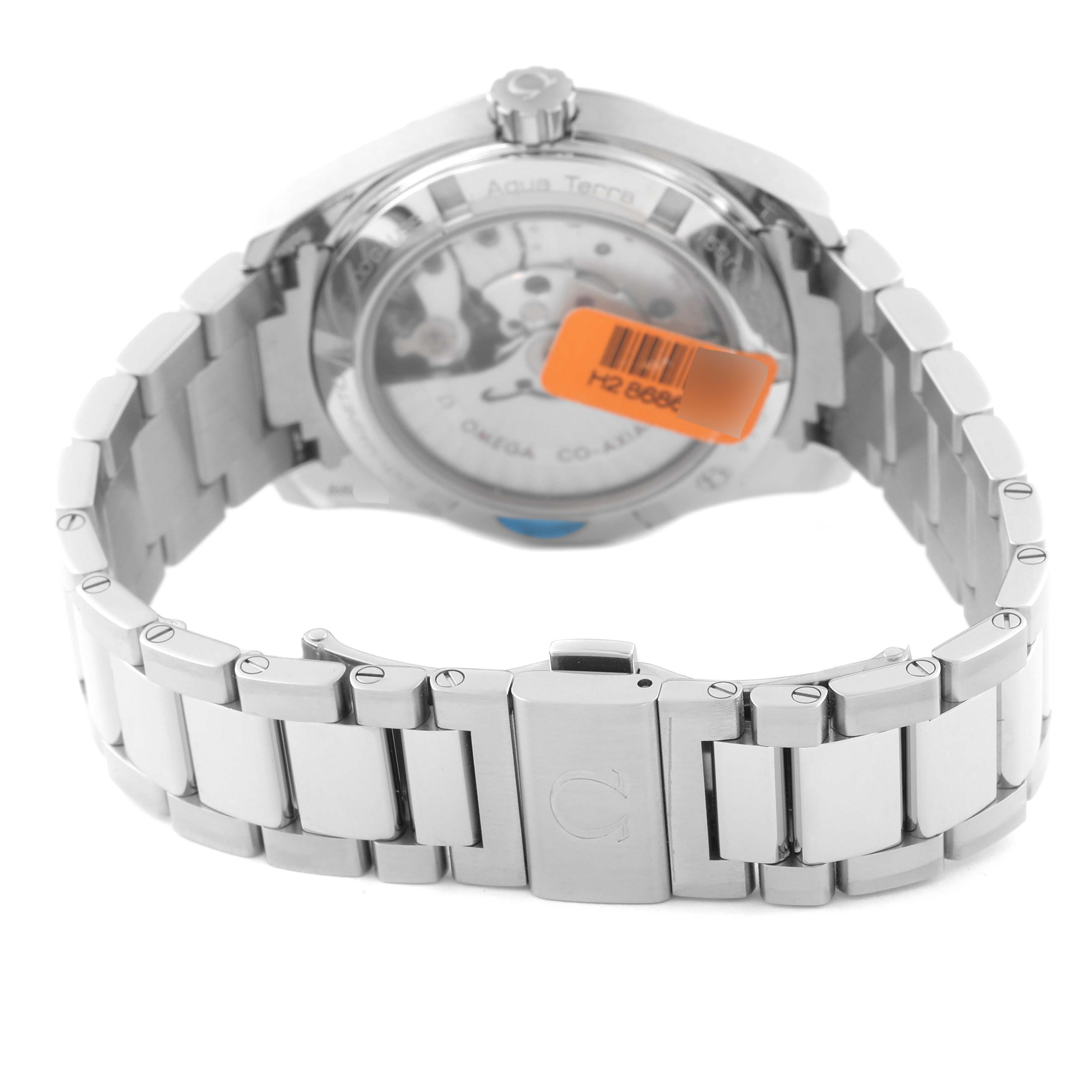 The image shows the back view of an Omega Aqua Terra 231.15.39.21.55.001 Men's Stainless Steel Mother of Pearl Dial 231.15.39.21.55.001 Men's Stainless Steel Mother of Pearl Dial watch, displaying its bracelet, clasp, and transparent case back.