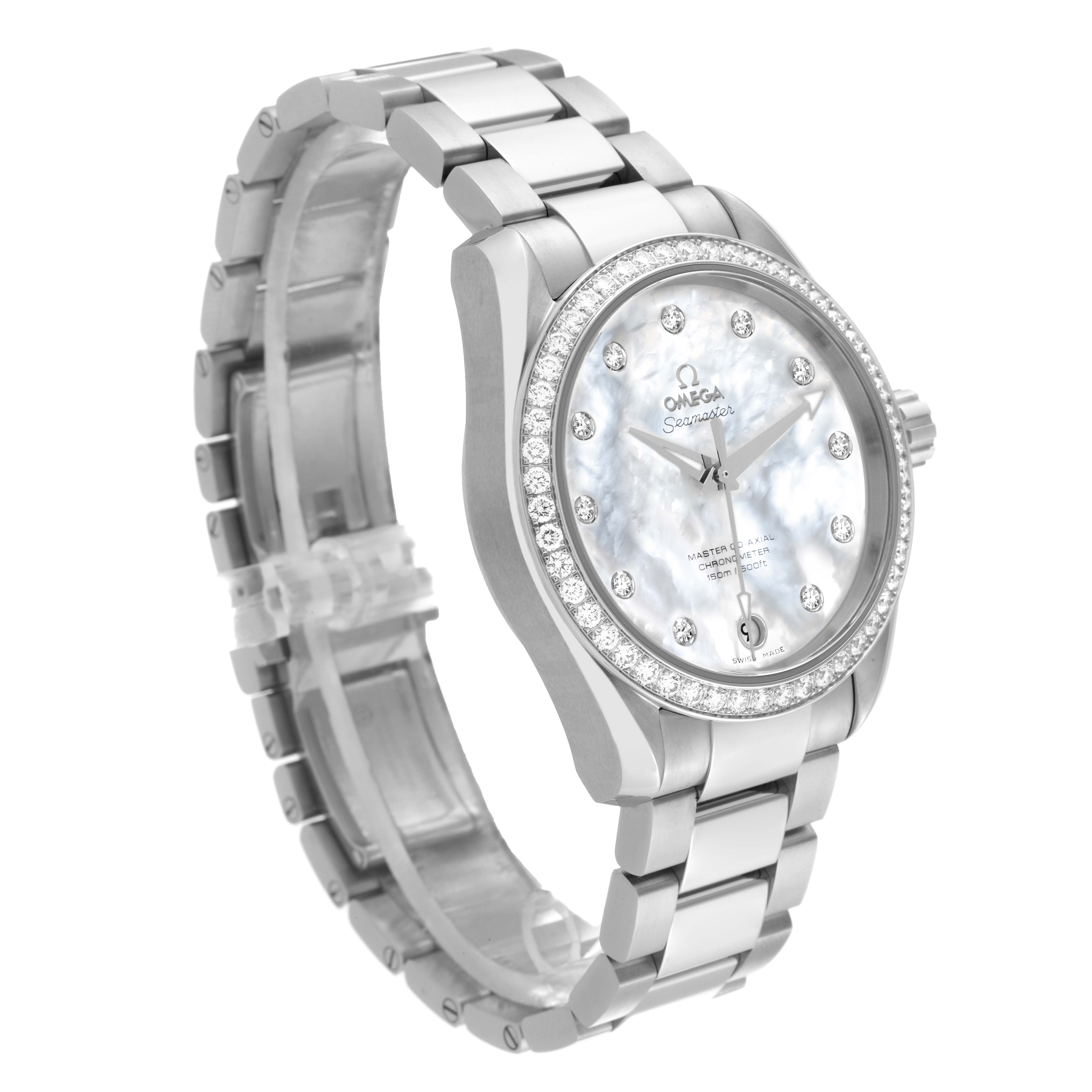 The Omega Aqua Terra 231.15.39.21.55.001 Men's Stainless Steel Mother of Pearl Dial 231.15.39.21.55.001 Men's Stainless Steel Mother of Pearl Dial watch is shown at a three-quarter angle, revealing the face, bezel, and bracelet.