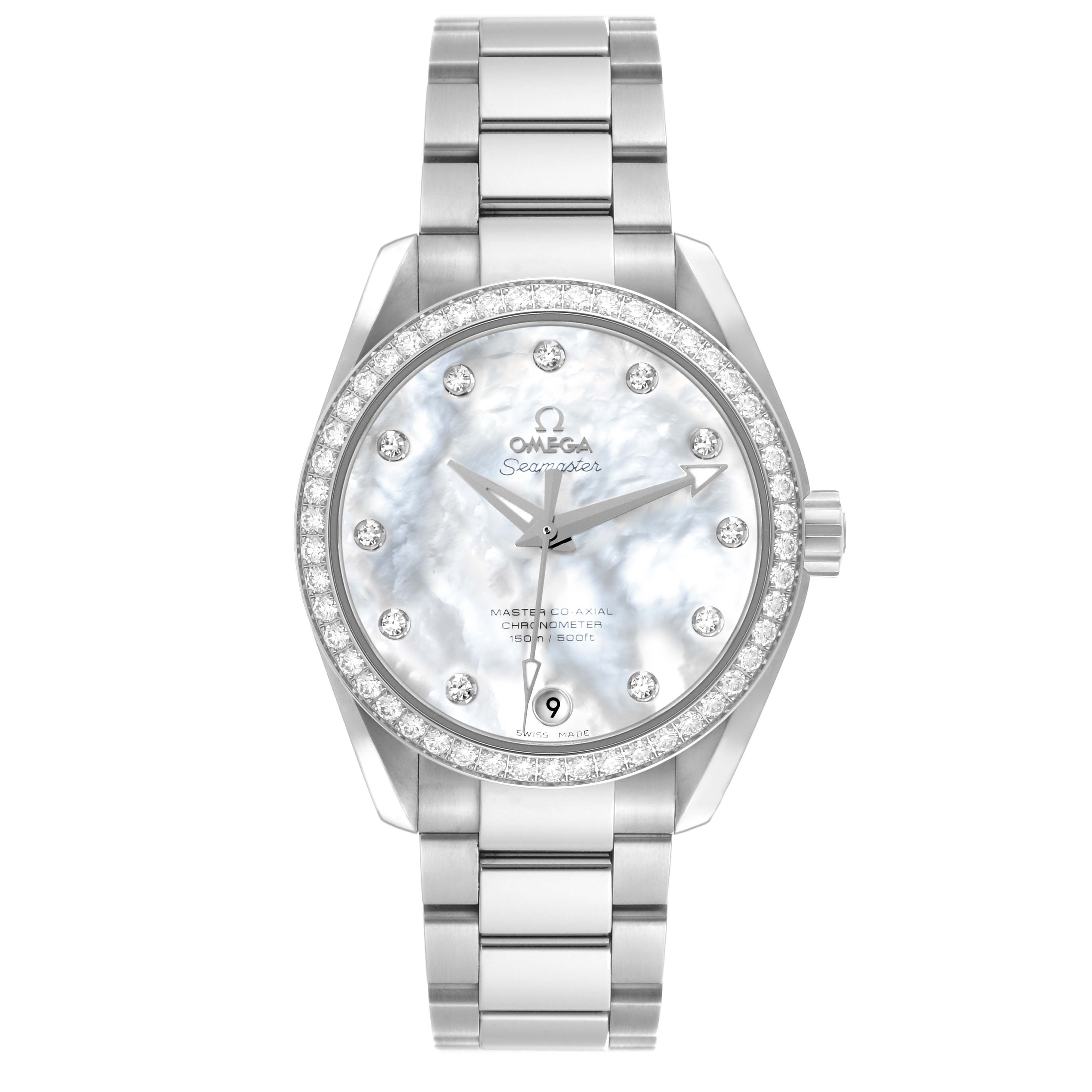 The Omega Aqua Terra 231.15.39.21.55.001 Men's Stainless Steel Mother of Pearl Dial 231.15.39.21.55.001 Men's Stainless Steel Mother of Pearl Dial watch is shown from the front, highlighting the dial, bezel, and bracelet.