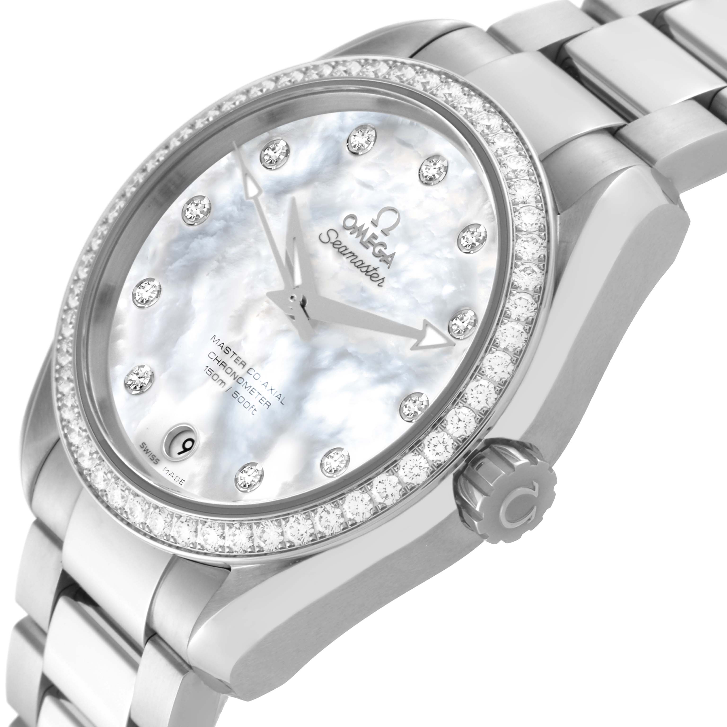 The Omega Aqua Terra 231.15.39.21.55.001 Men's Stainless Steel Mother of Pearl Dial 231.15.39.21.55.001 Men's Stainless Steel Mother of Pearl Dial watch is shown from a side angle, displaying the face, bezel with diamonds, and part of the bracelet.