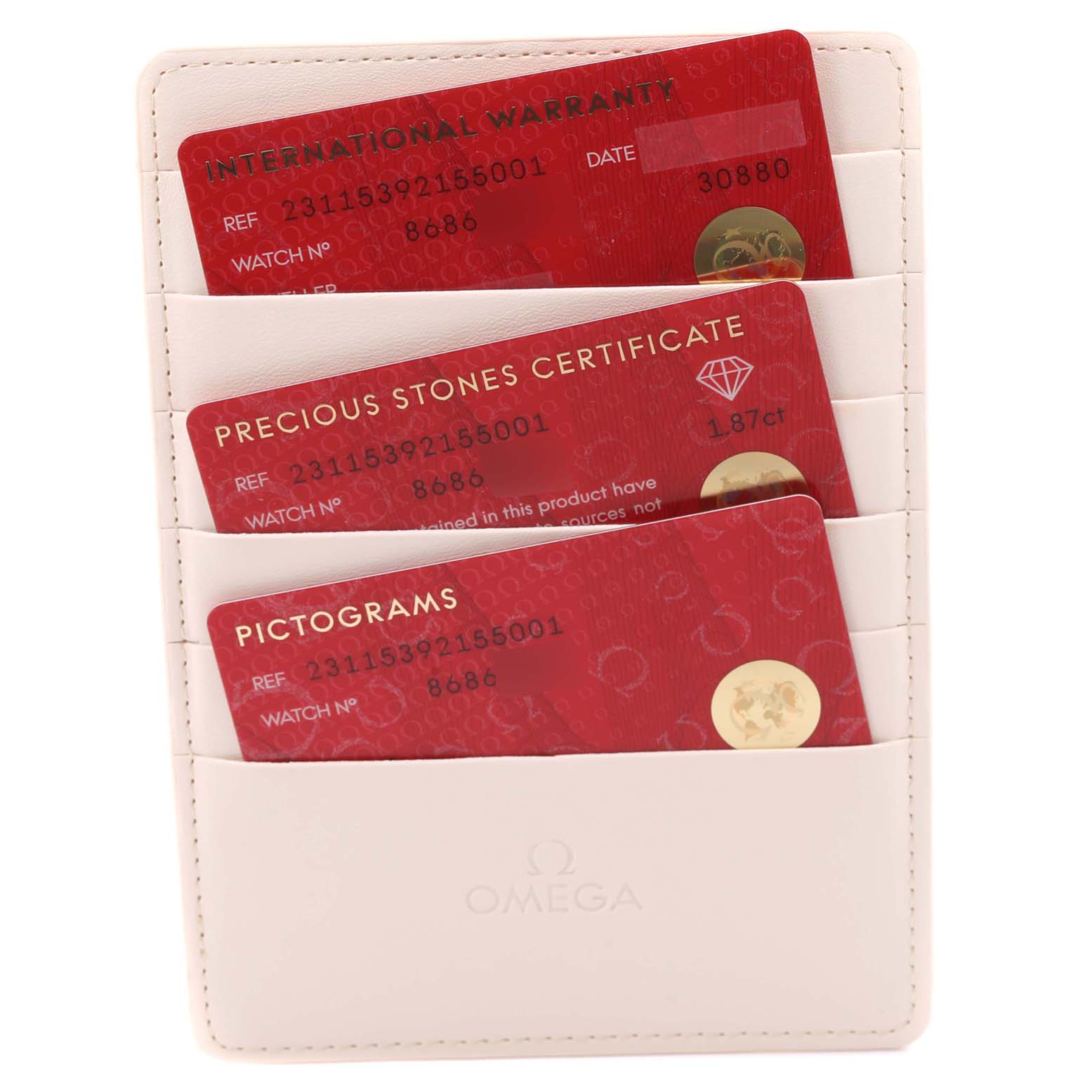 The image shows Omega Aqua Terra 231.15.39.21.55.001 Men's Stainless Steel Mother of Pearl Dial 231.15.39.21.55.001 Men's Stainless Steel Mother of Pearl Dial model warranty cards and certificates in a white holder.