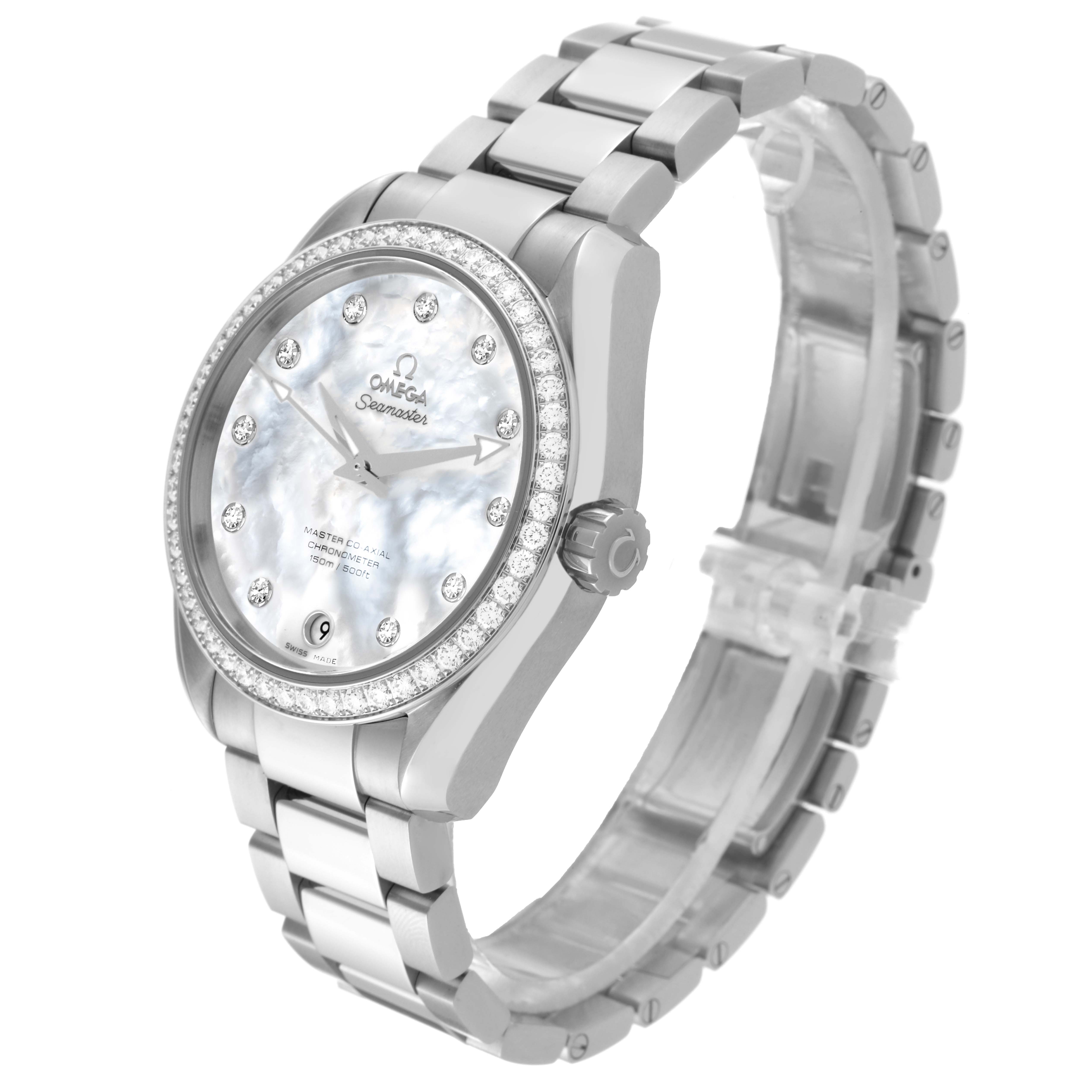 The Omega Aqua Terra 231.15.39.21.55.001 Men's Stainless Steel Mother of Pearl Dial 231.15.39.21.55.001 Men's Stainless Steel Mother of Pearl Dial watch is shown in a side angle, showcasing the dial, crown, and bracelet.